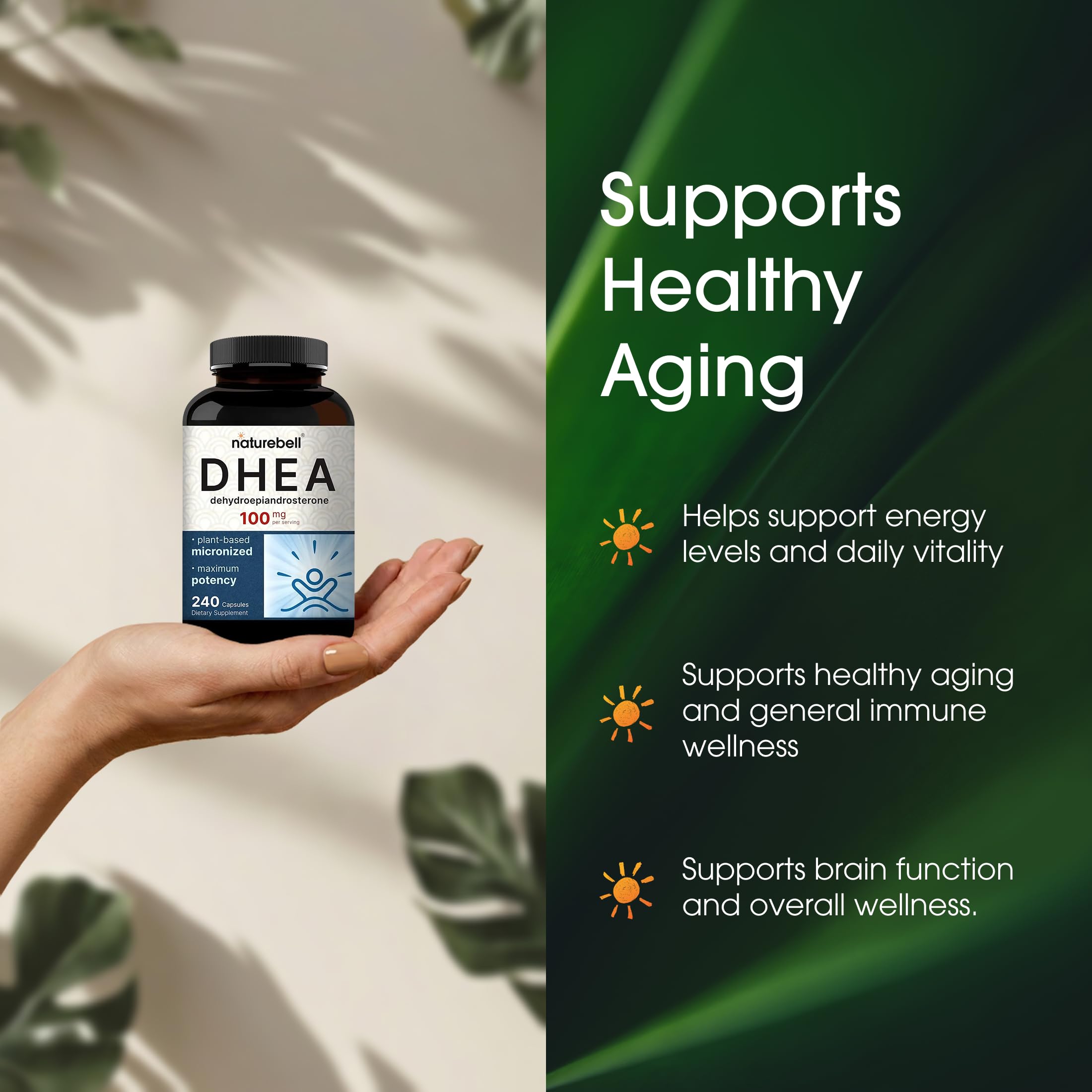NatureBell DHEA 100mg capsules displayed with a measuring spoon