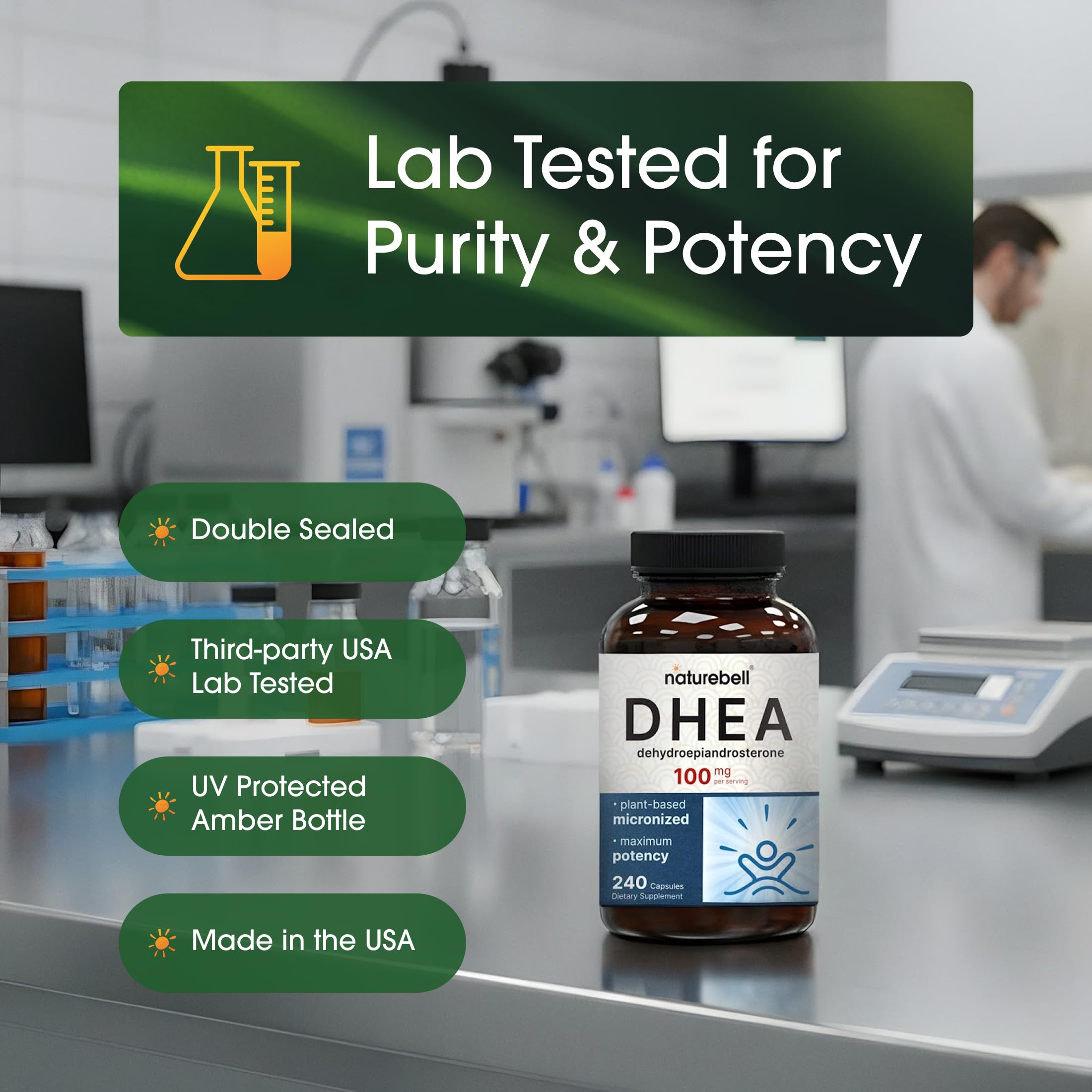 NatureBell DHEA 100mg capsules on a wooden table