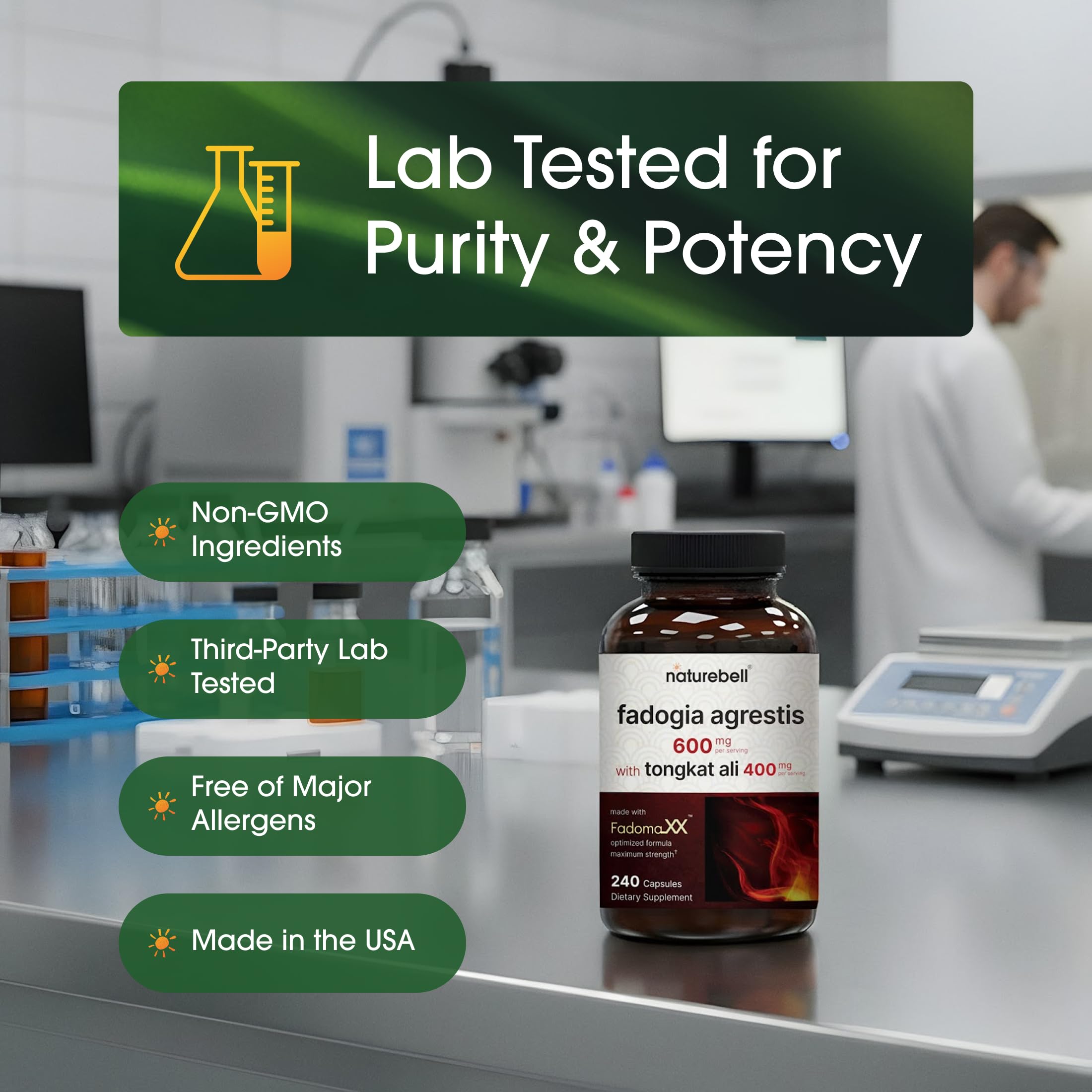 NatureBell Fadogia Agrestis Complex 600mg capsules on a wooden table
