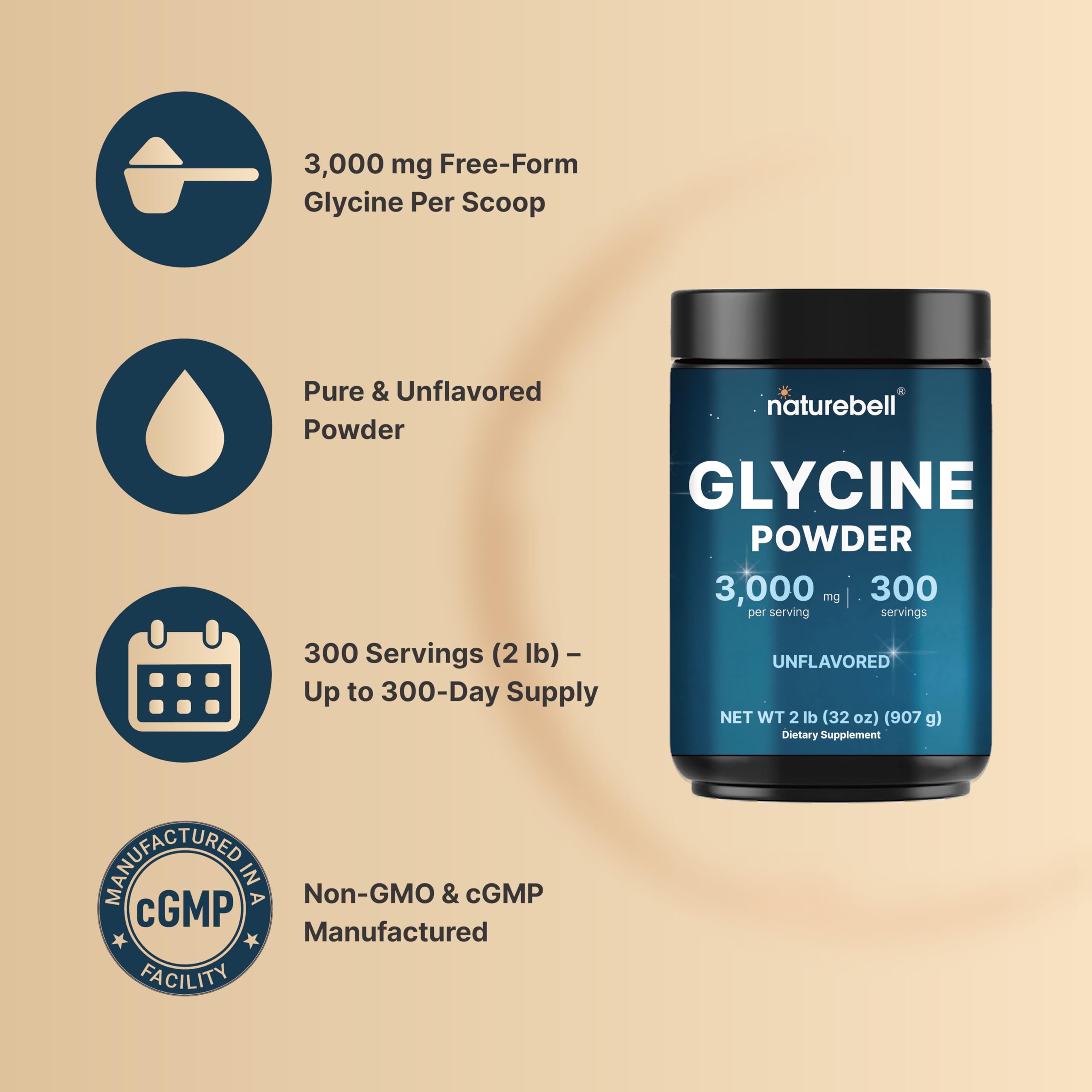 NatureBell Glycine Powder 907g scoop next to container