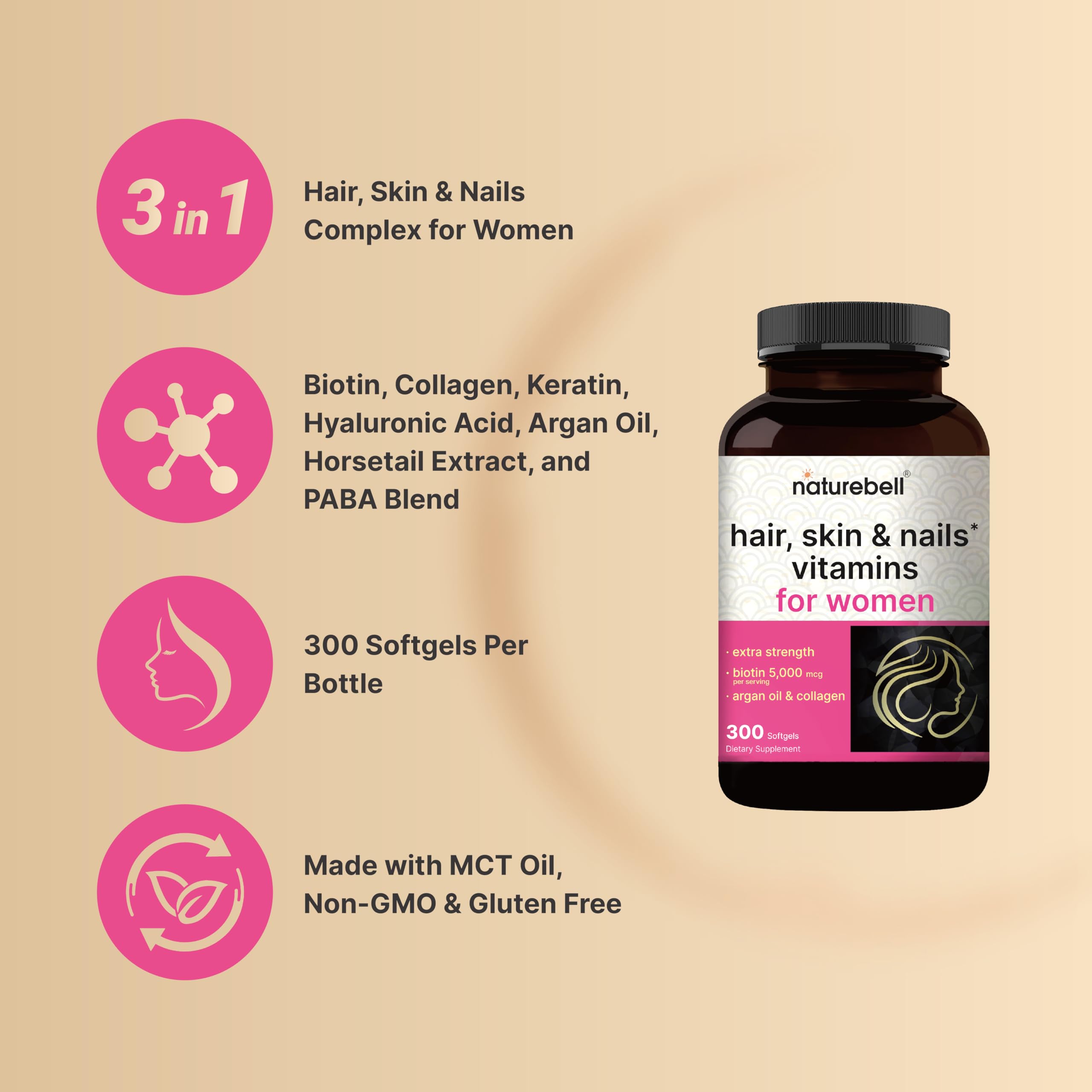 NatureBell Hair, Skin & Nails multivitamin softgels bottle with label