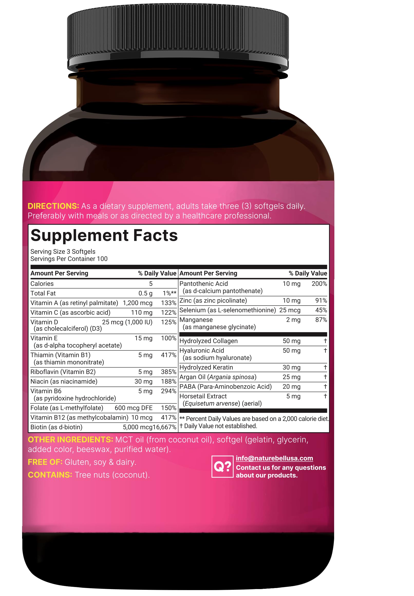 NatureBell Hair, Skin & Nails multivitamin softgels with ingredients