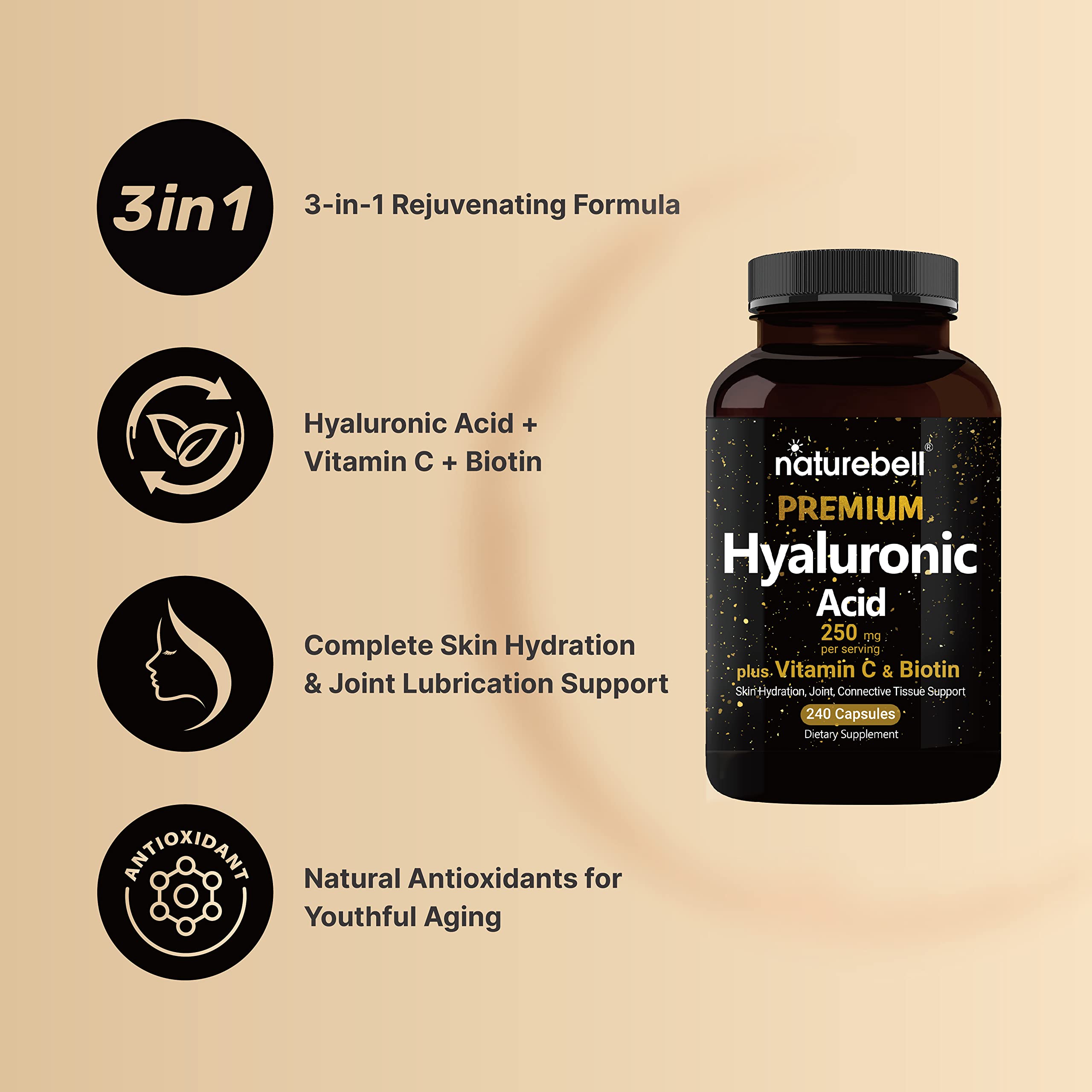 NatureBell Hyaluronic Acid Capsules 240 count bottle back view