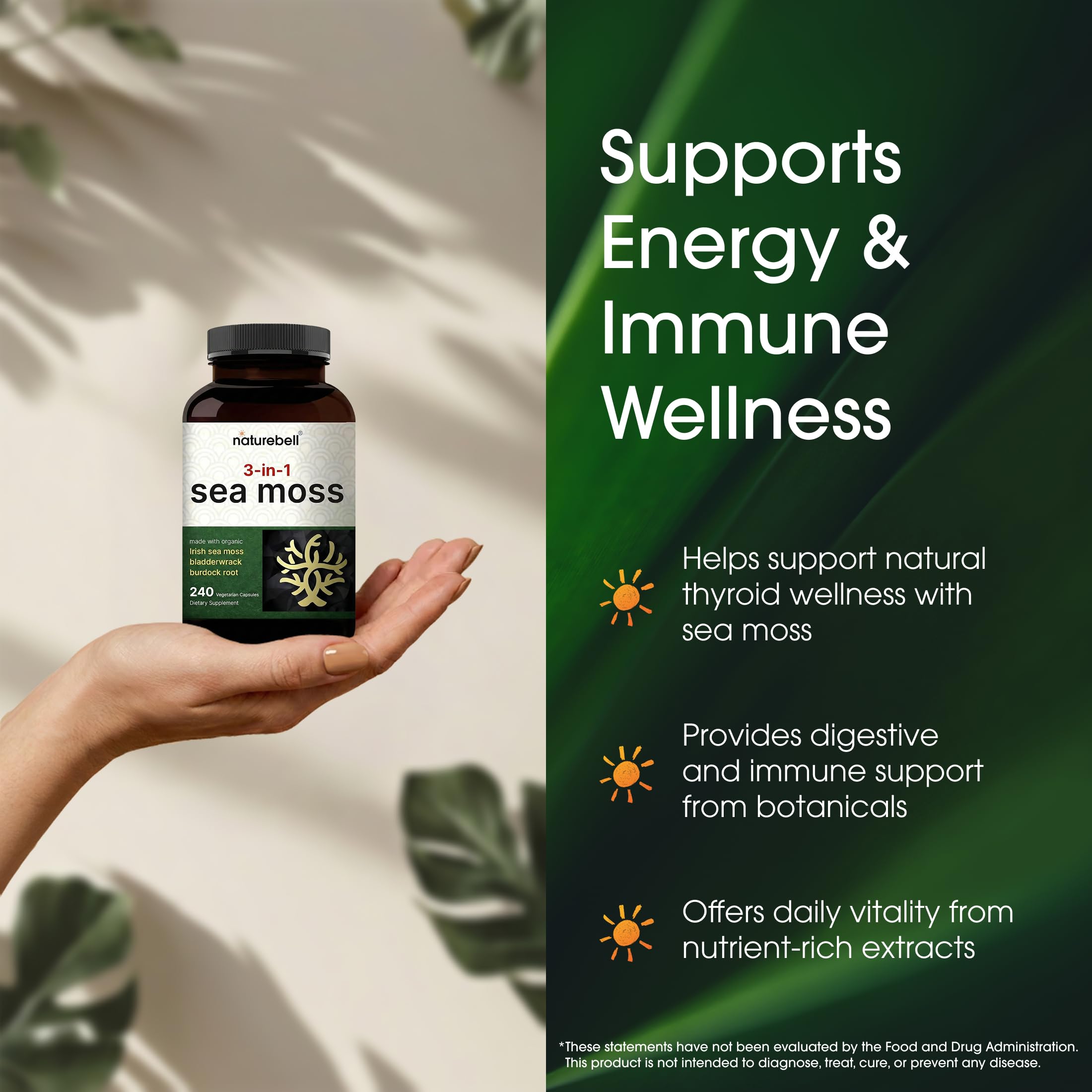 NatureBell Irish Sea Moss 3-in-1 Complex capsules in a hand