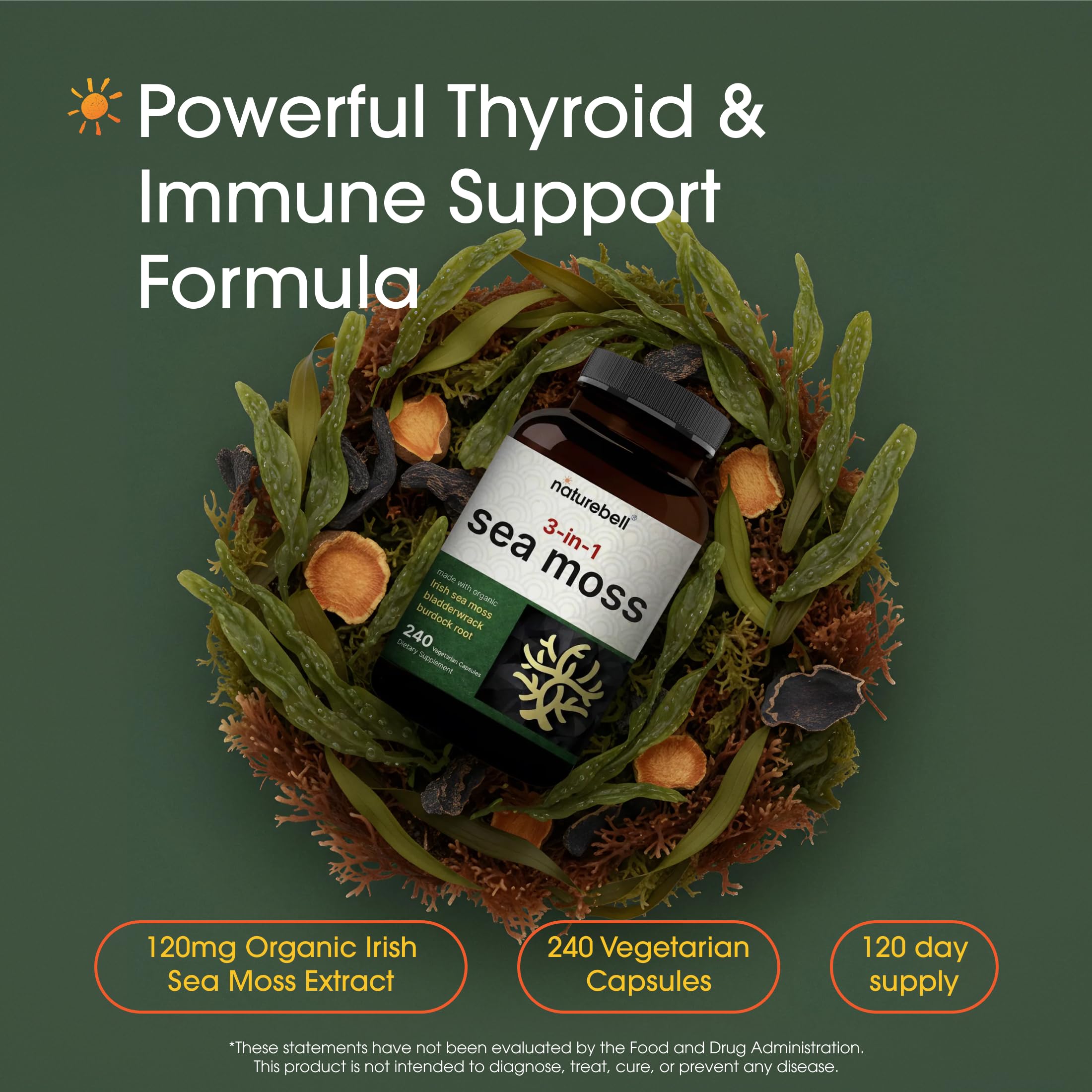 NatureBell Irish Sea Moss 3-in-1 Complex capsules on a wooden table