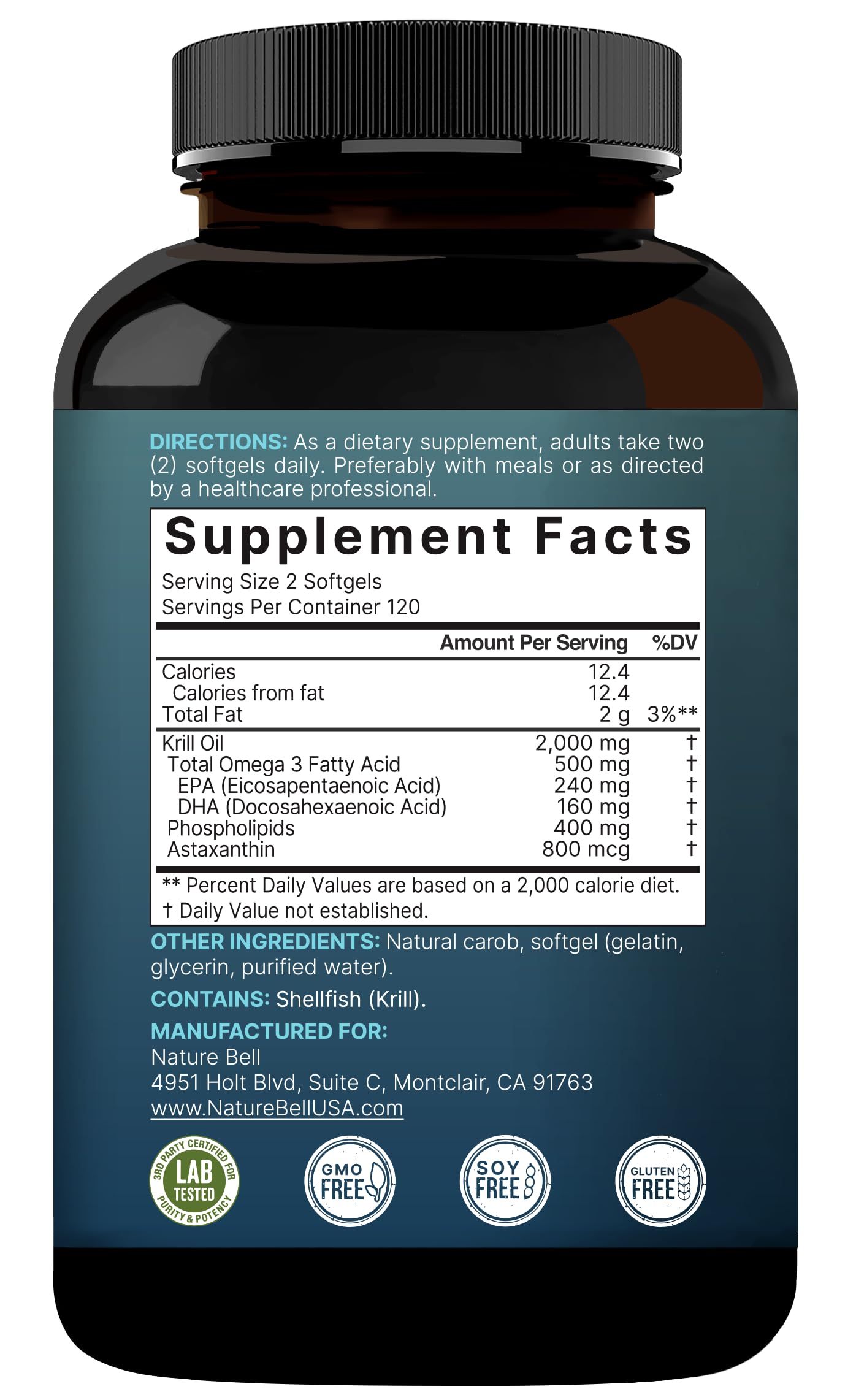 NatureBell krill oil softgels displayed with other supplements