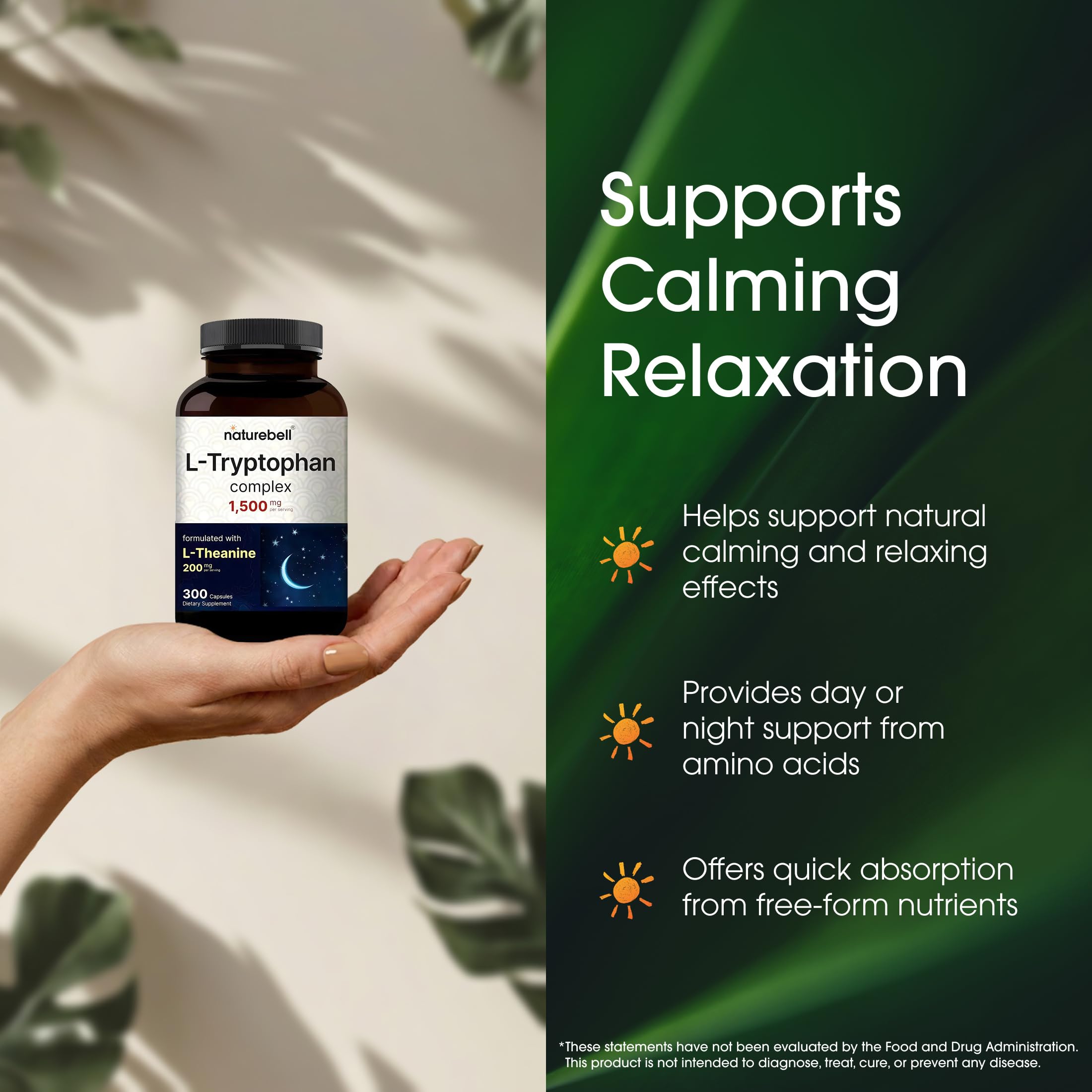 NatureBell L-Tryptophan Complex capsules on a wooden table