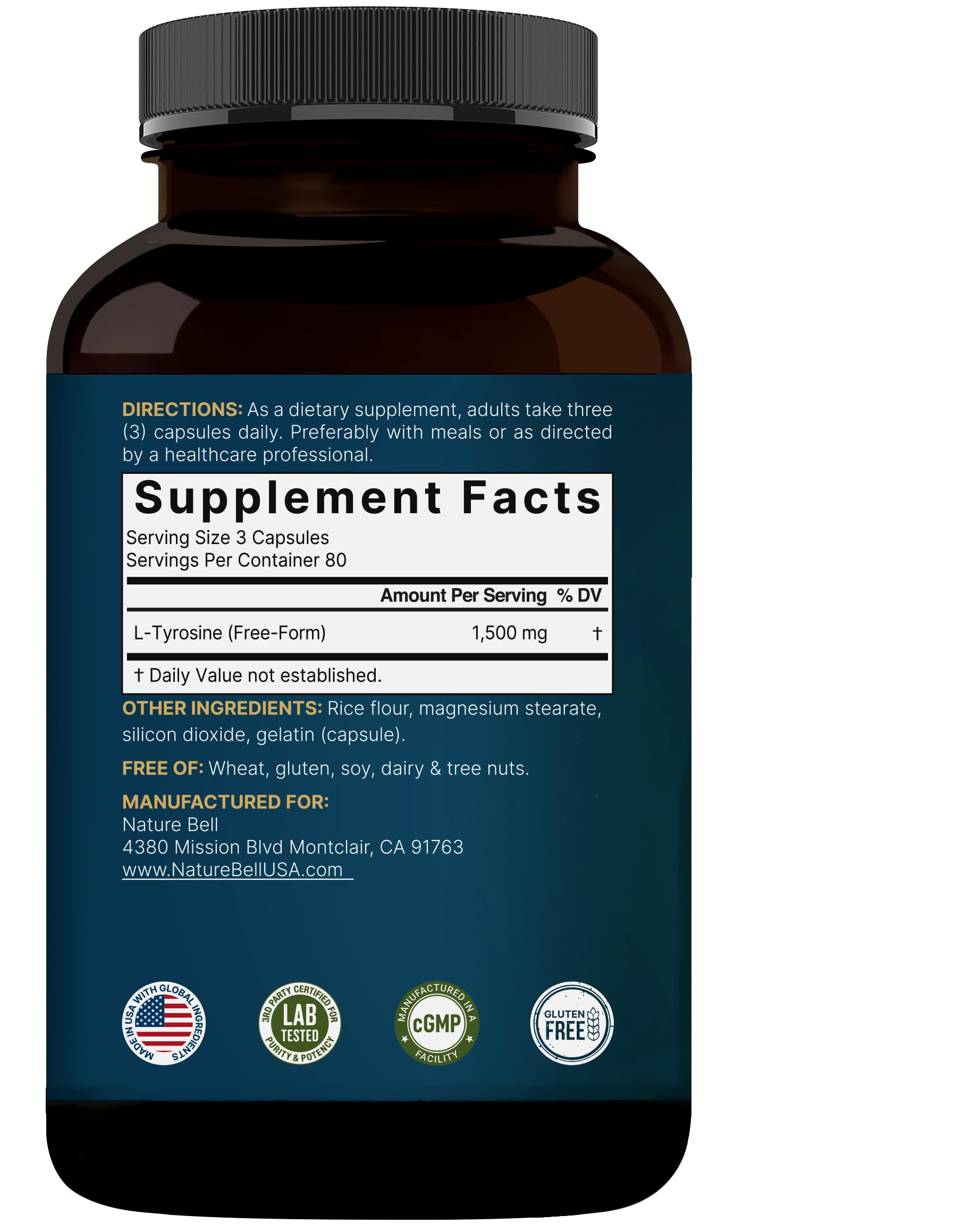 NatureBell L-Tyrosine 1500mg capsules on a wooden table