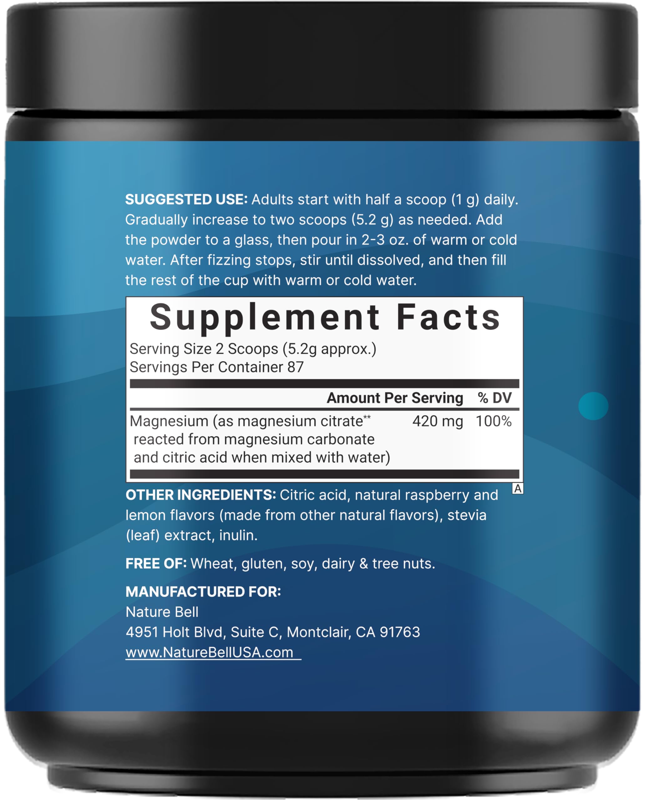 NatureBell Magnesium Citrate Powder scoop in a glass
