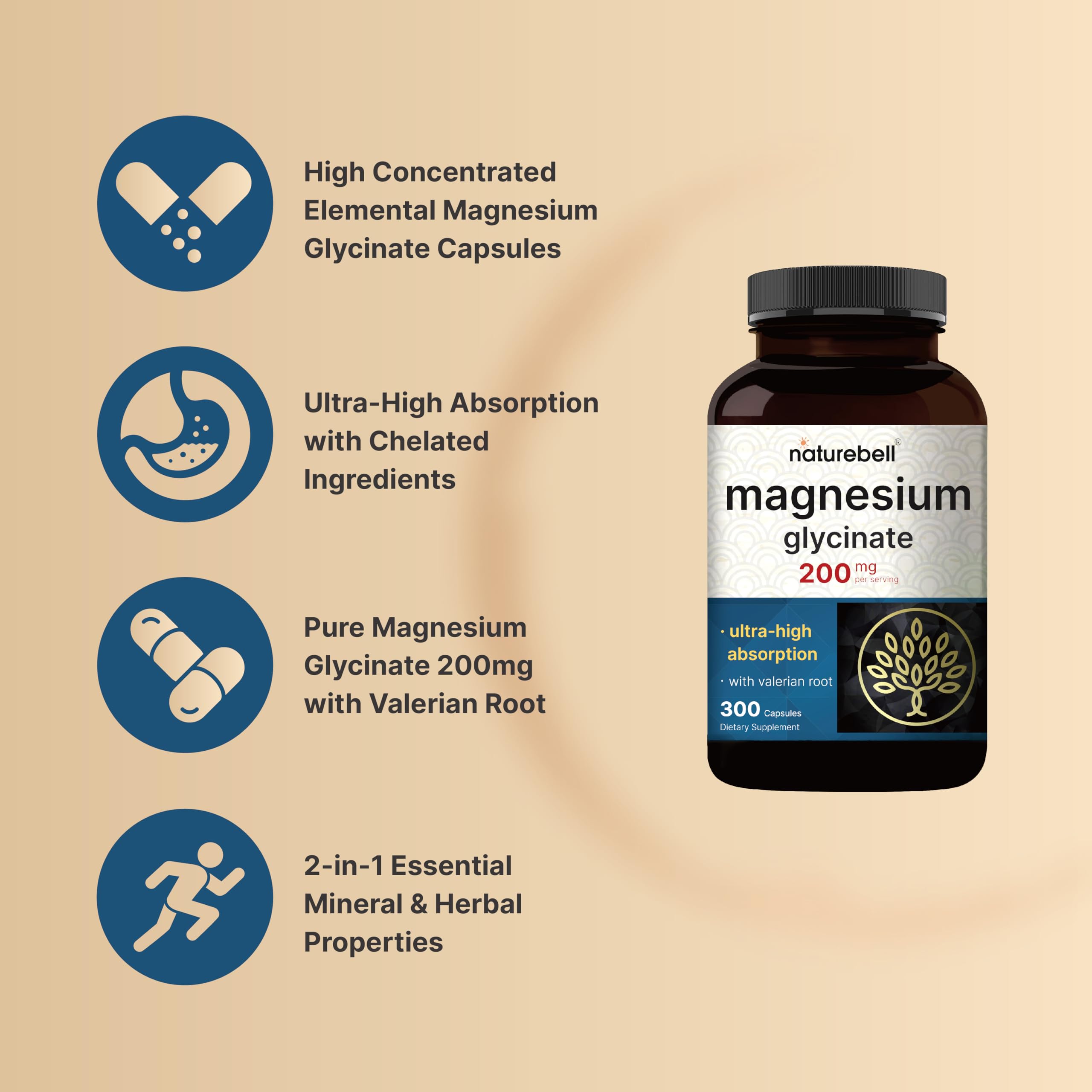 NatureBell Magnesium Glycinate 300 Capsules with label details