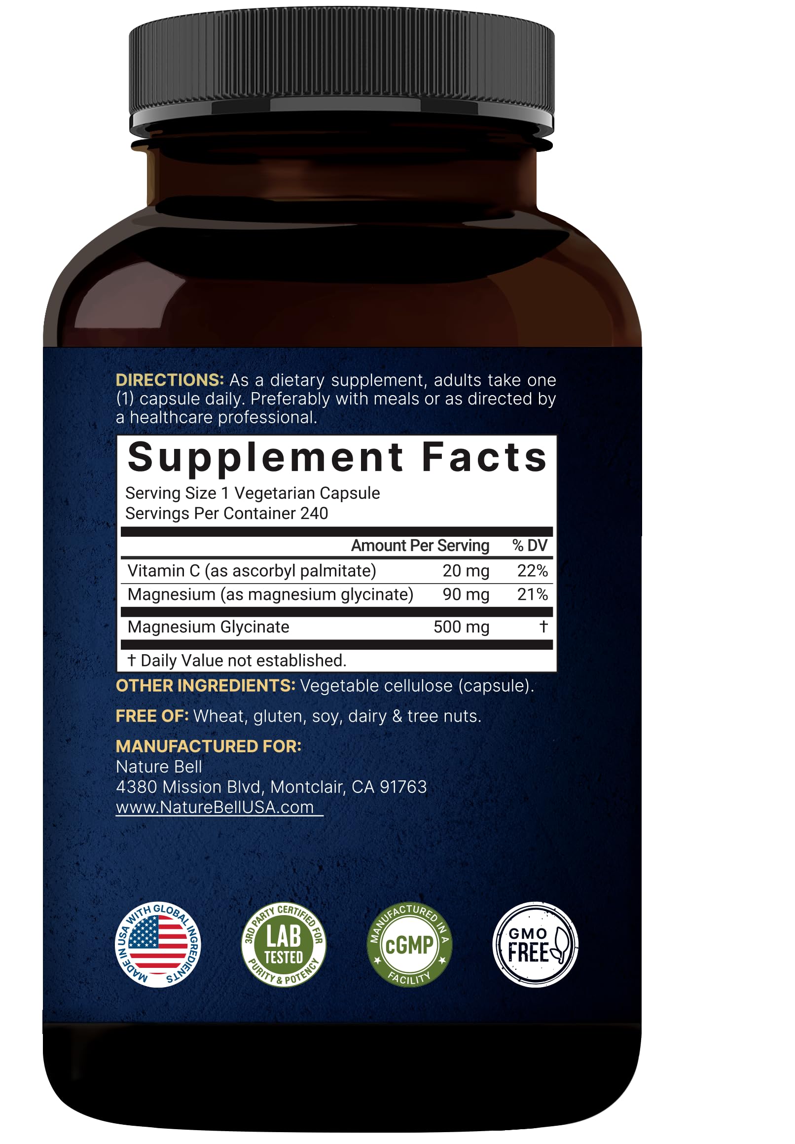 NatureBell Magnesium Glycinate 500mg capsules on a wooden table