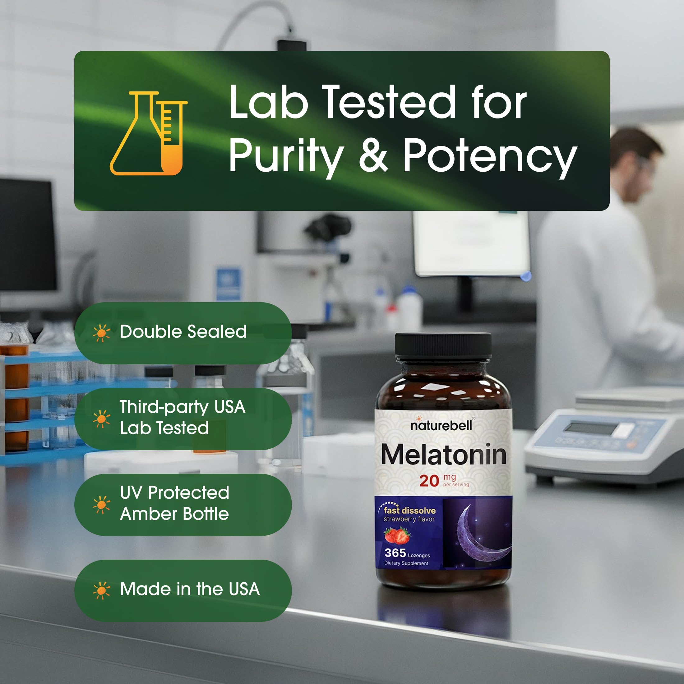 NatureBell Melatonin 20mg lozenge packaging with natural strawberry flavour