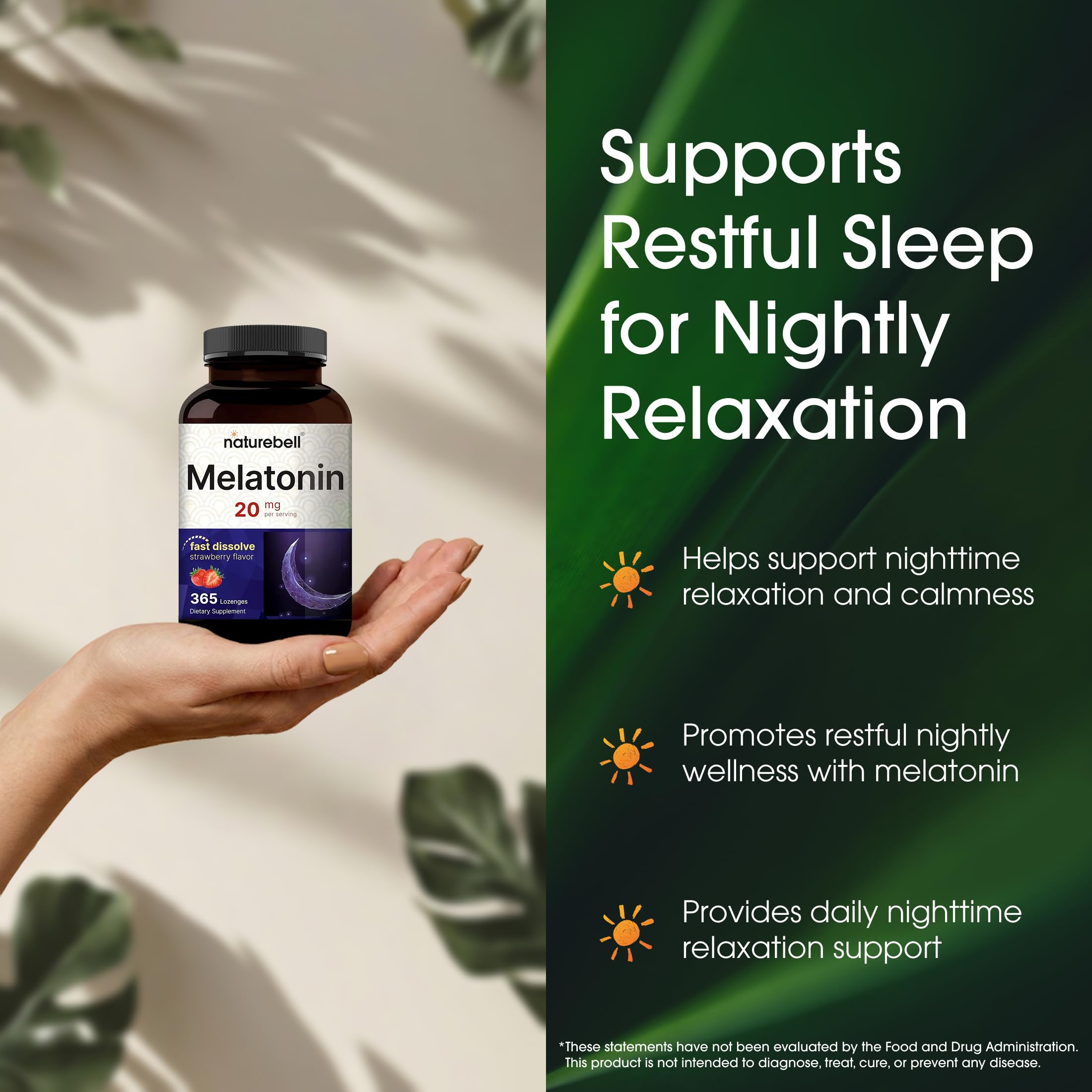 NatureBell Melatonin 20mg lozenge with a few lozenges beside the bottle