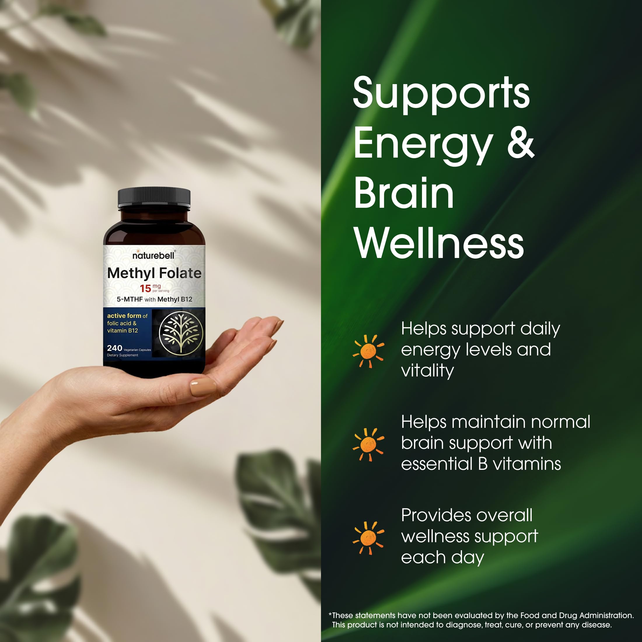 NatureBell Methyl Folate 15mg supplement capsules on a table