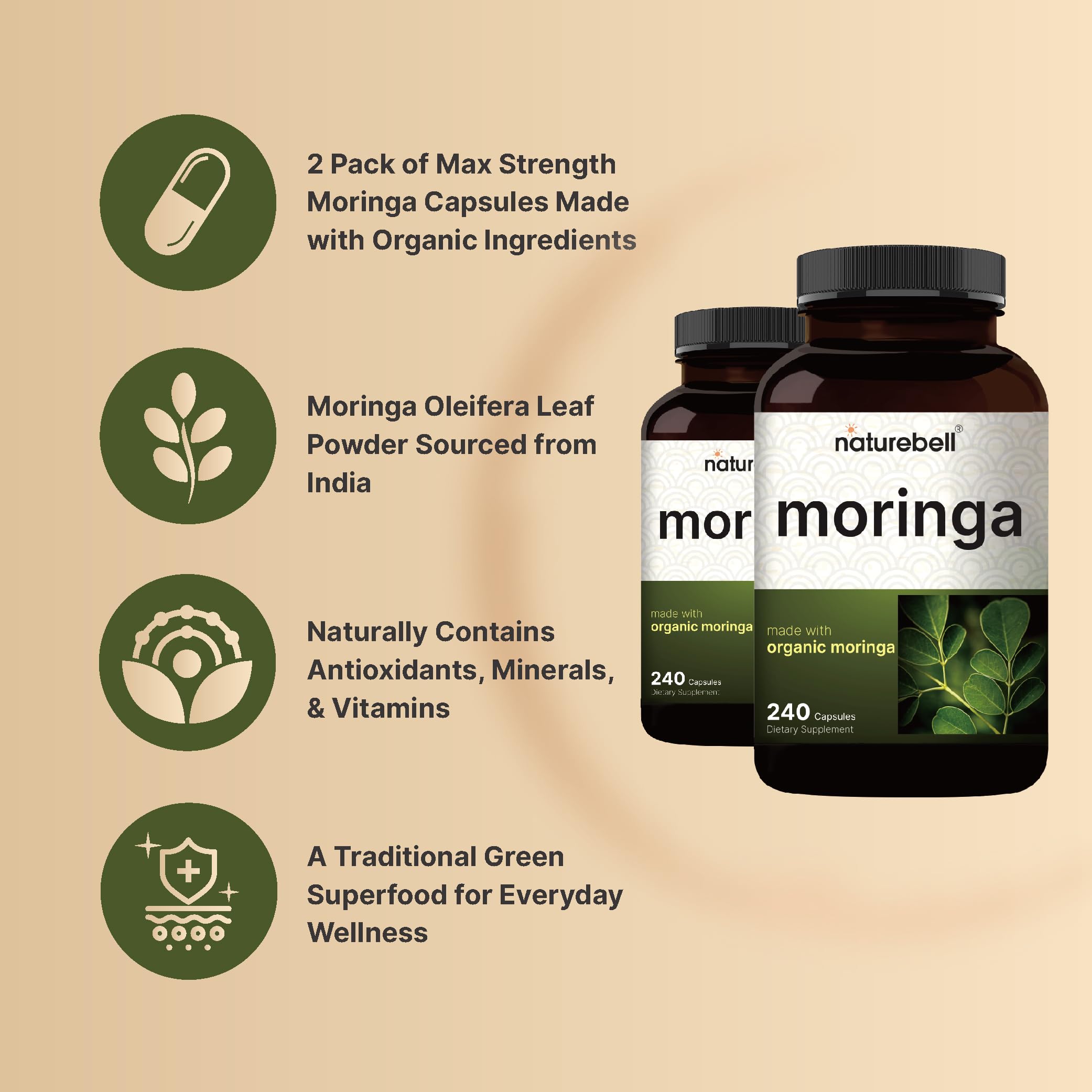 NatureBell Moringa Extract 800mg capsules bottle with label