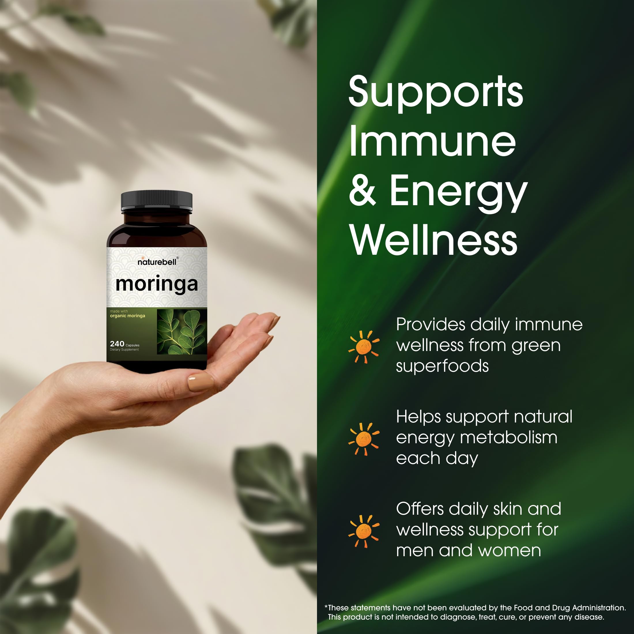 NatureBell Moringa Extract Capsules on a wooden table