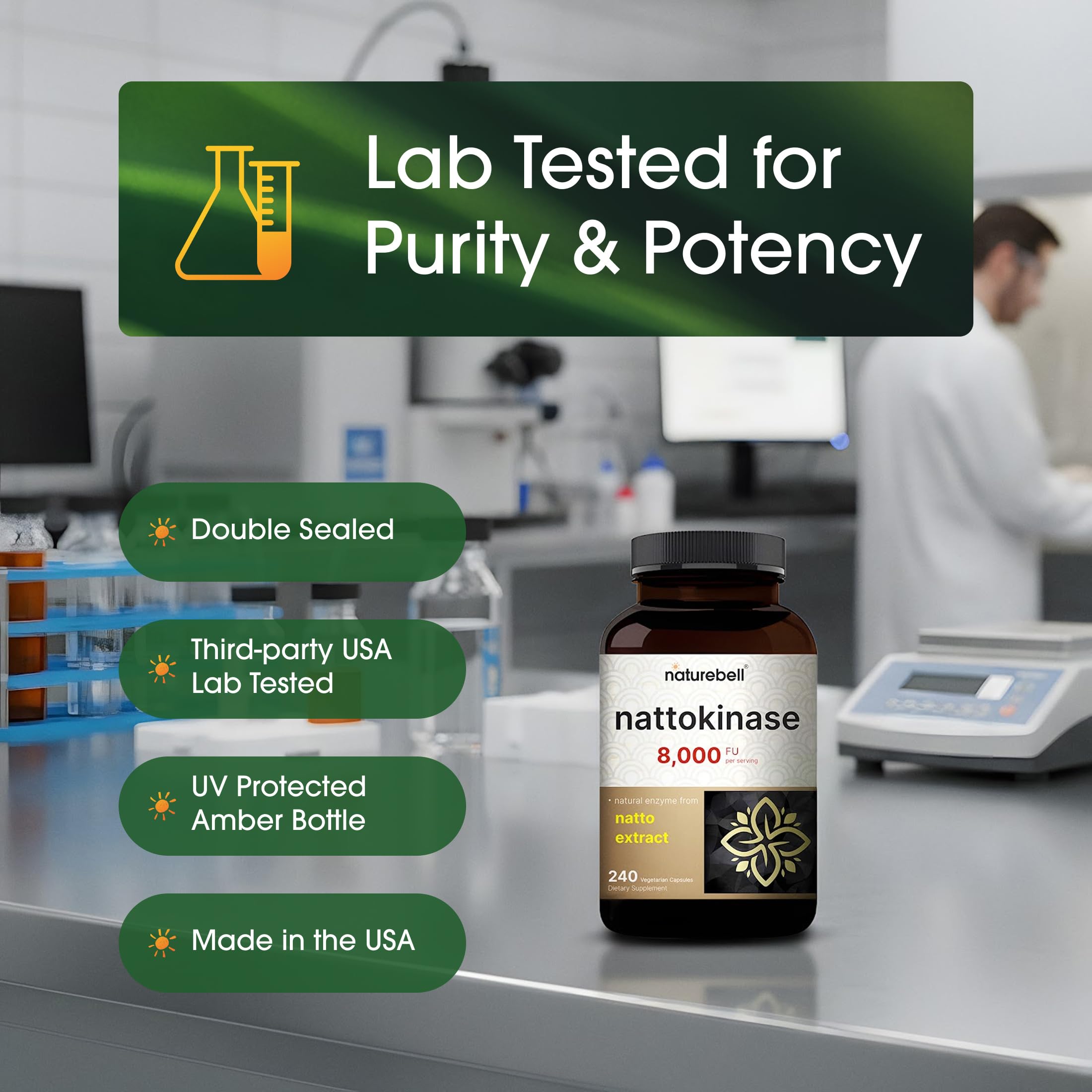 NatureBell Nattokinase 400mg capsules on a wooden table