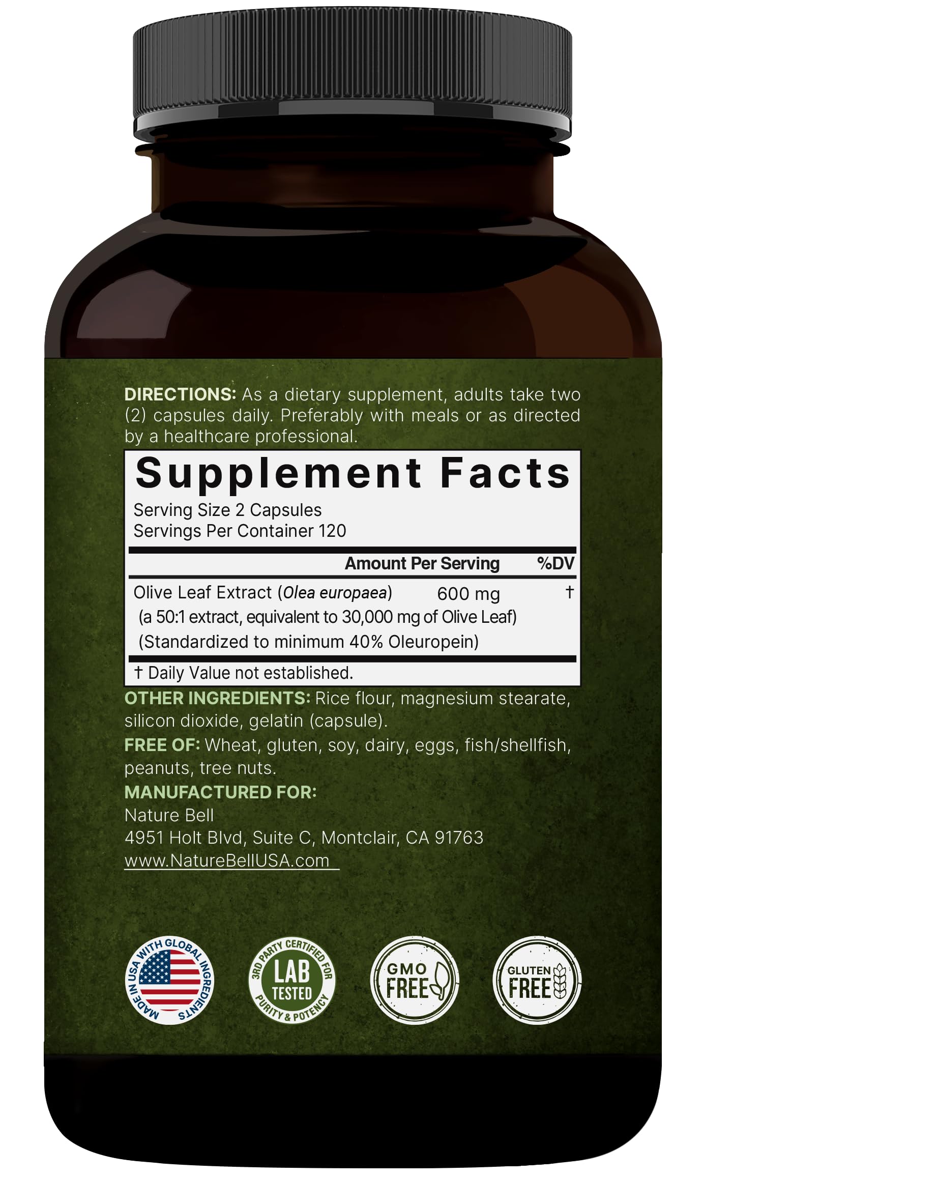 NatureBell Olive Leaf Extract capsules in a glass