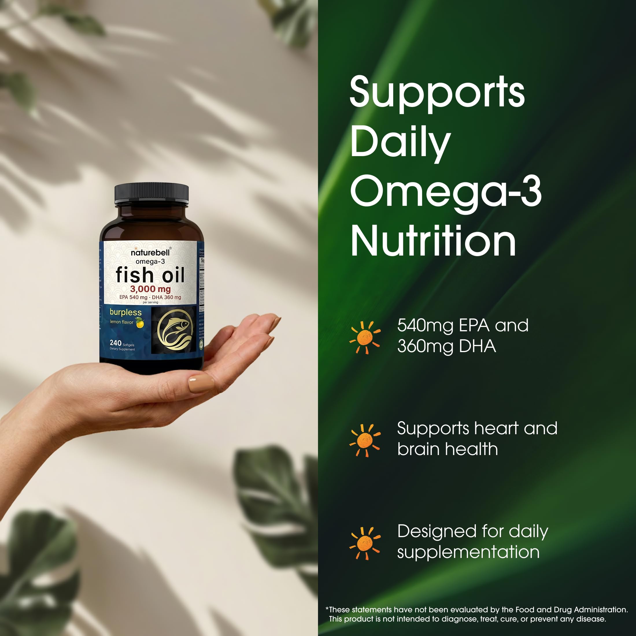 NatureBell Omega-3 Fish Oil 3000mg softgels showing dosage information