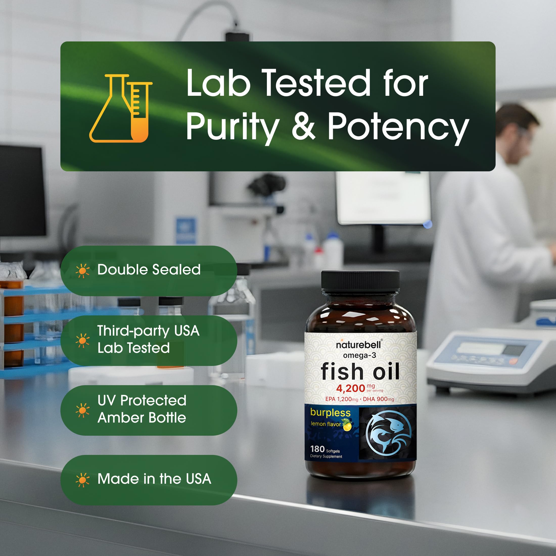 NatureBell Omega-3 Fish Oil Softgels 4200mg with natural lemon oil