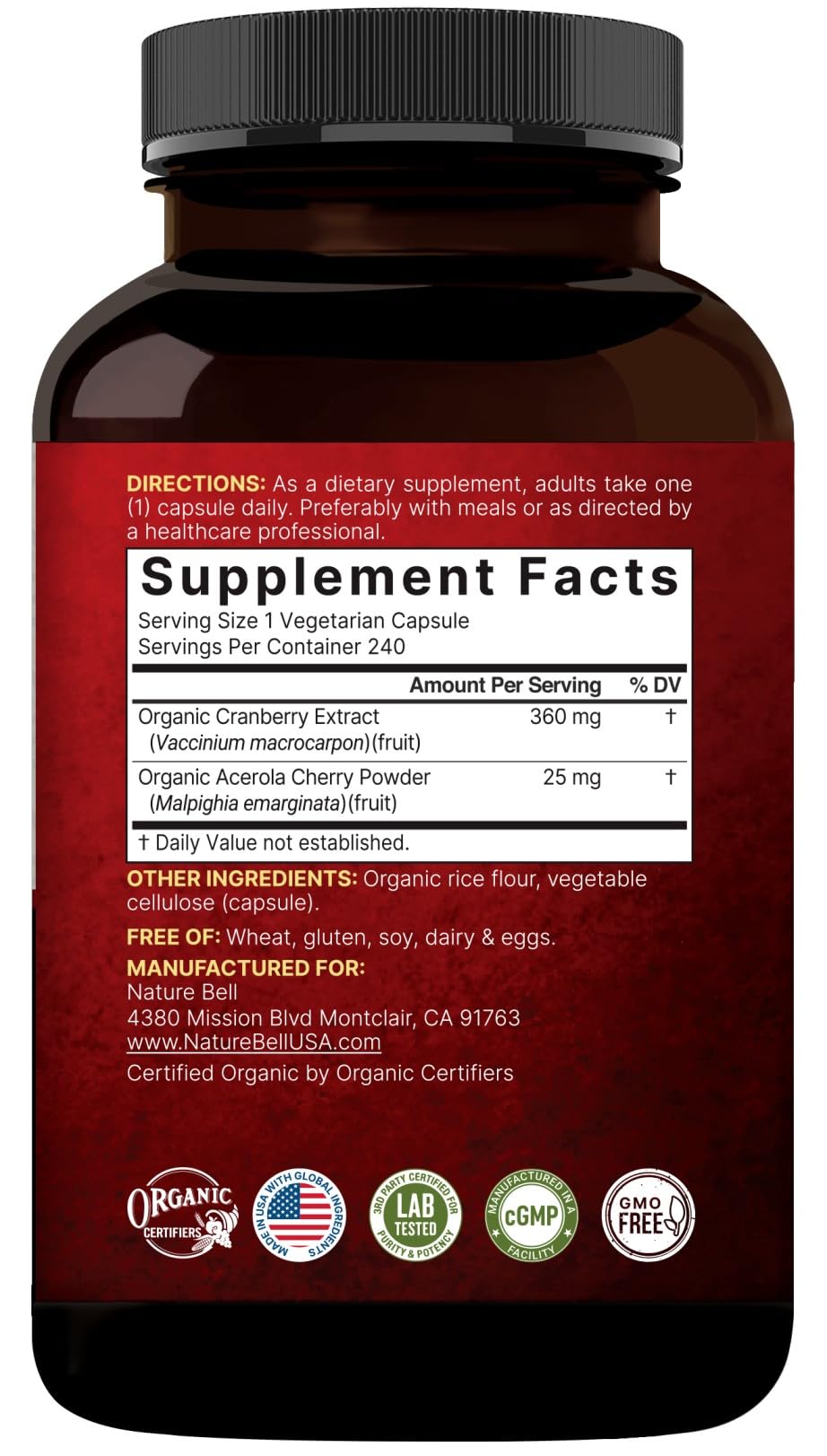 NatureBell Organic Cranberry Extract & Acerola Cherry capsules with a measuring spoon