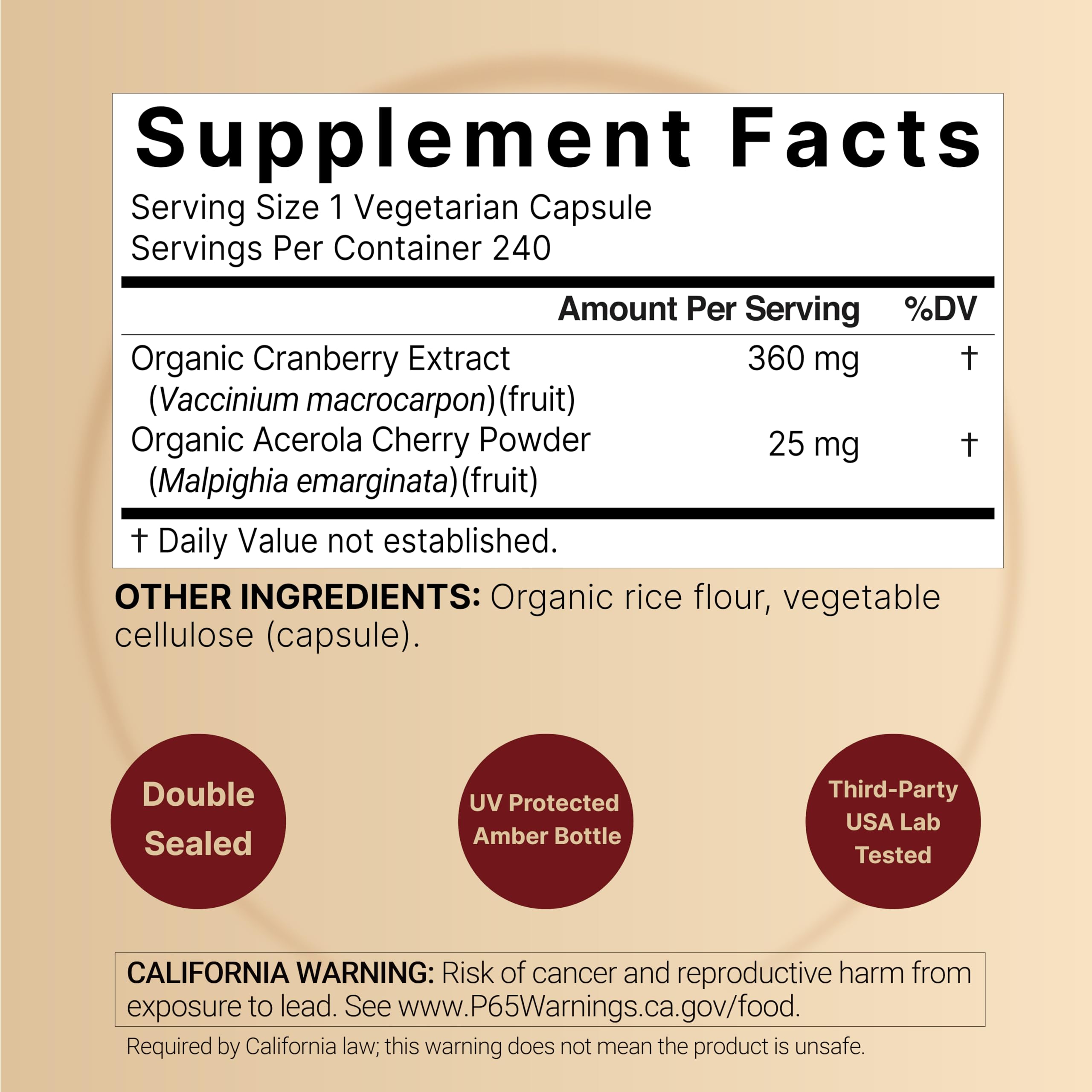 NatureBell Organic Cranberry Extract bottle with 240 vegetarian capsules