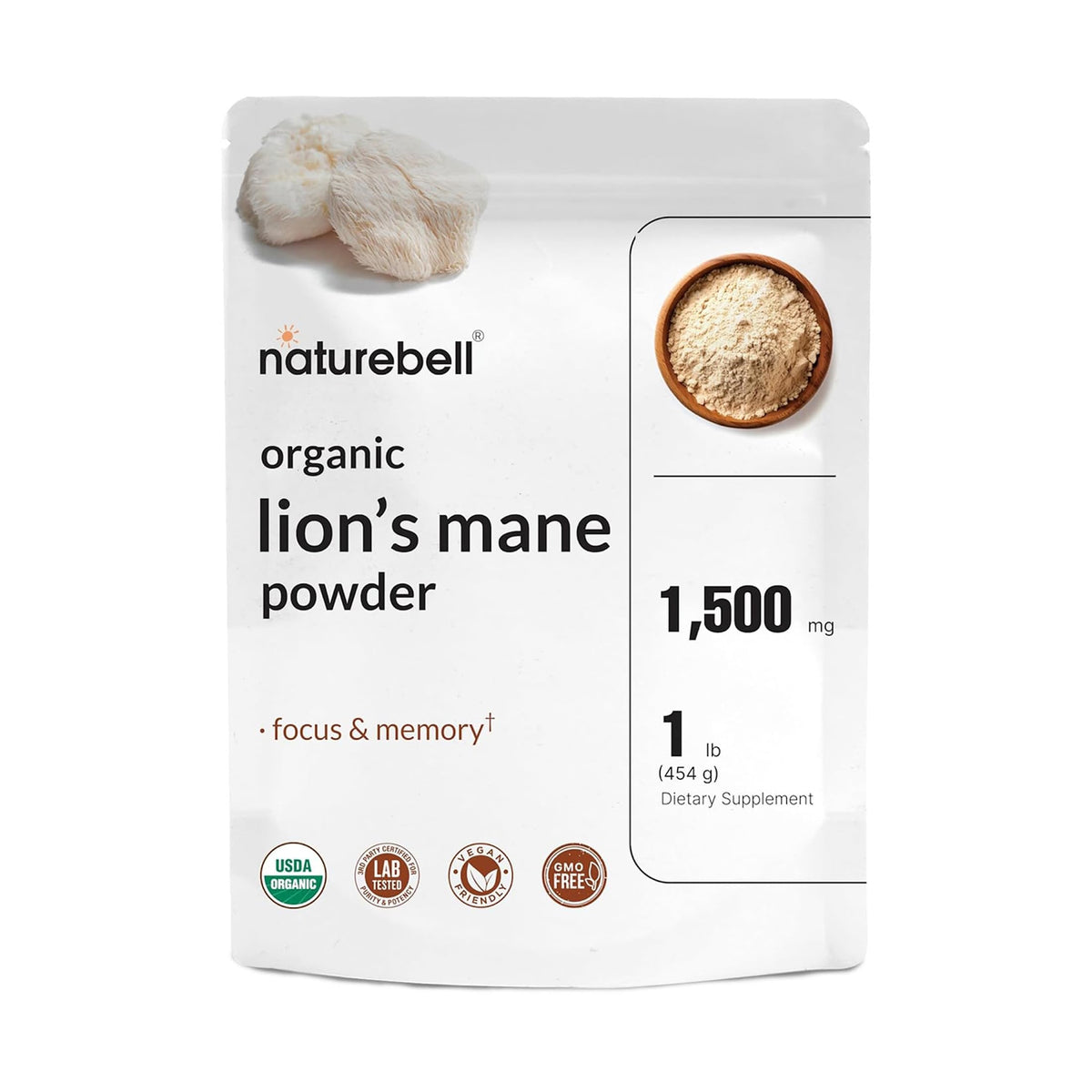 NatureBell Organic Lion’s Mane Mushroom Powder 1500mg front view