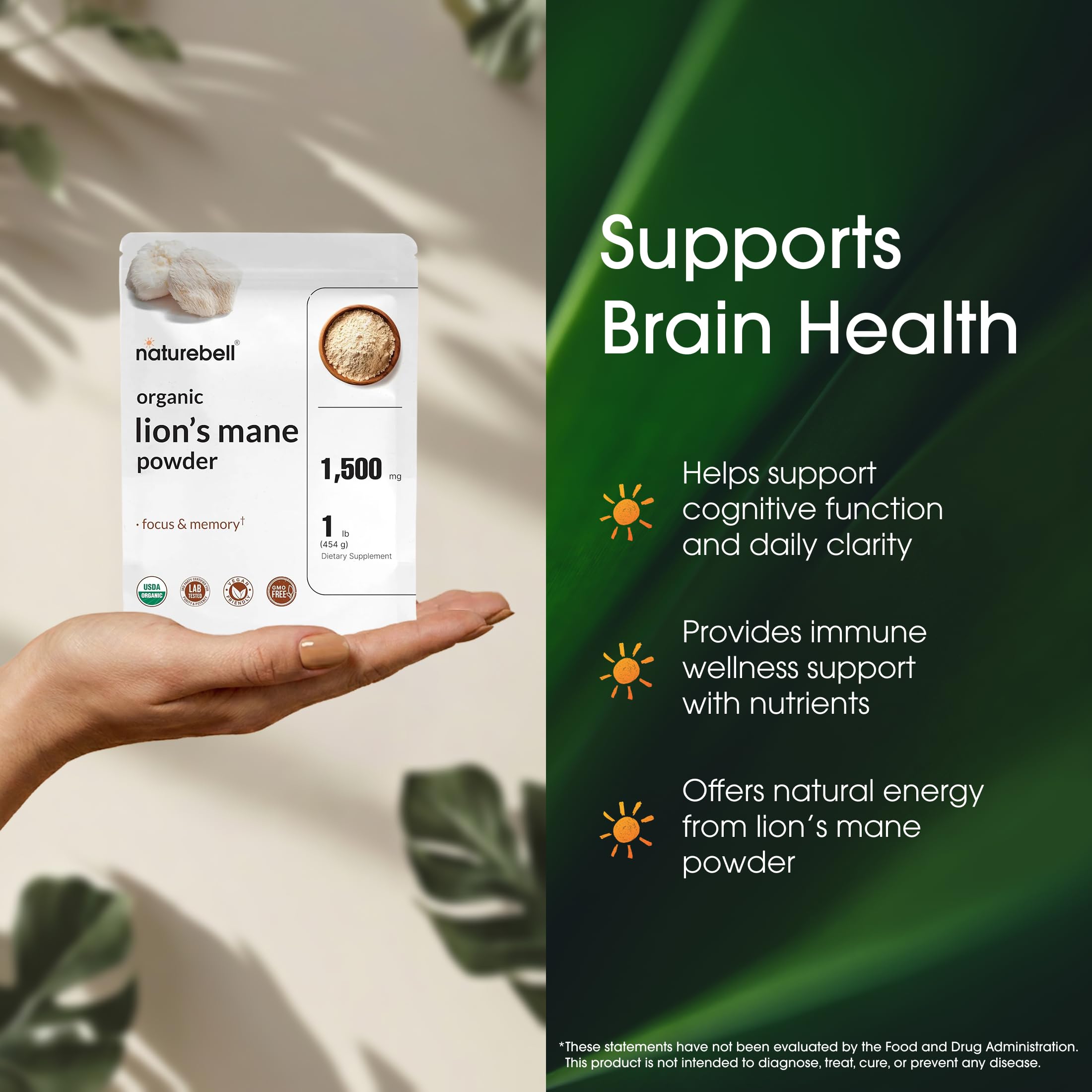 NatureBell Organic Lion’s Mane Mushroom Powder in a bowl