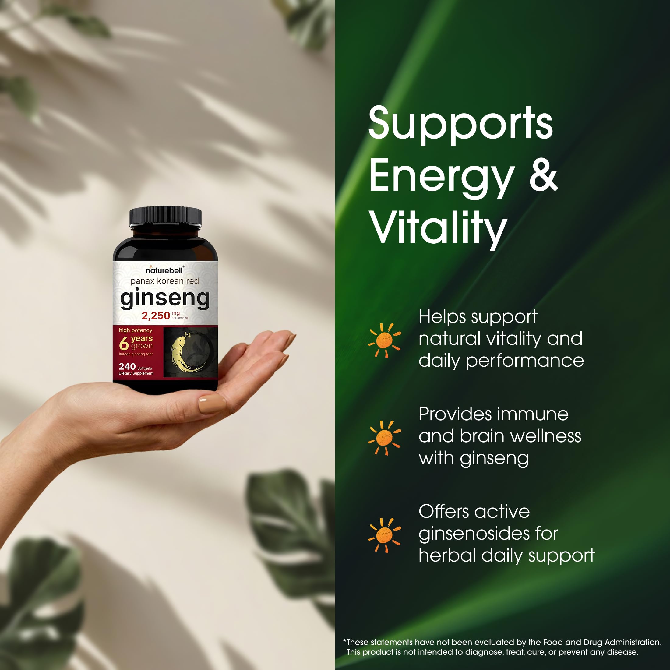 NatureBell Panax Korean Red Ginseng softgels on a wooden table