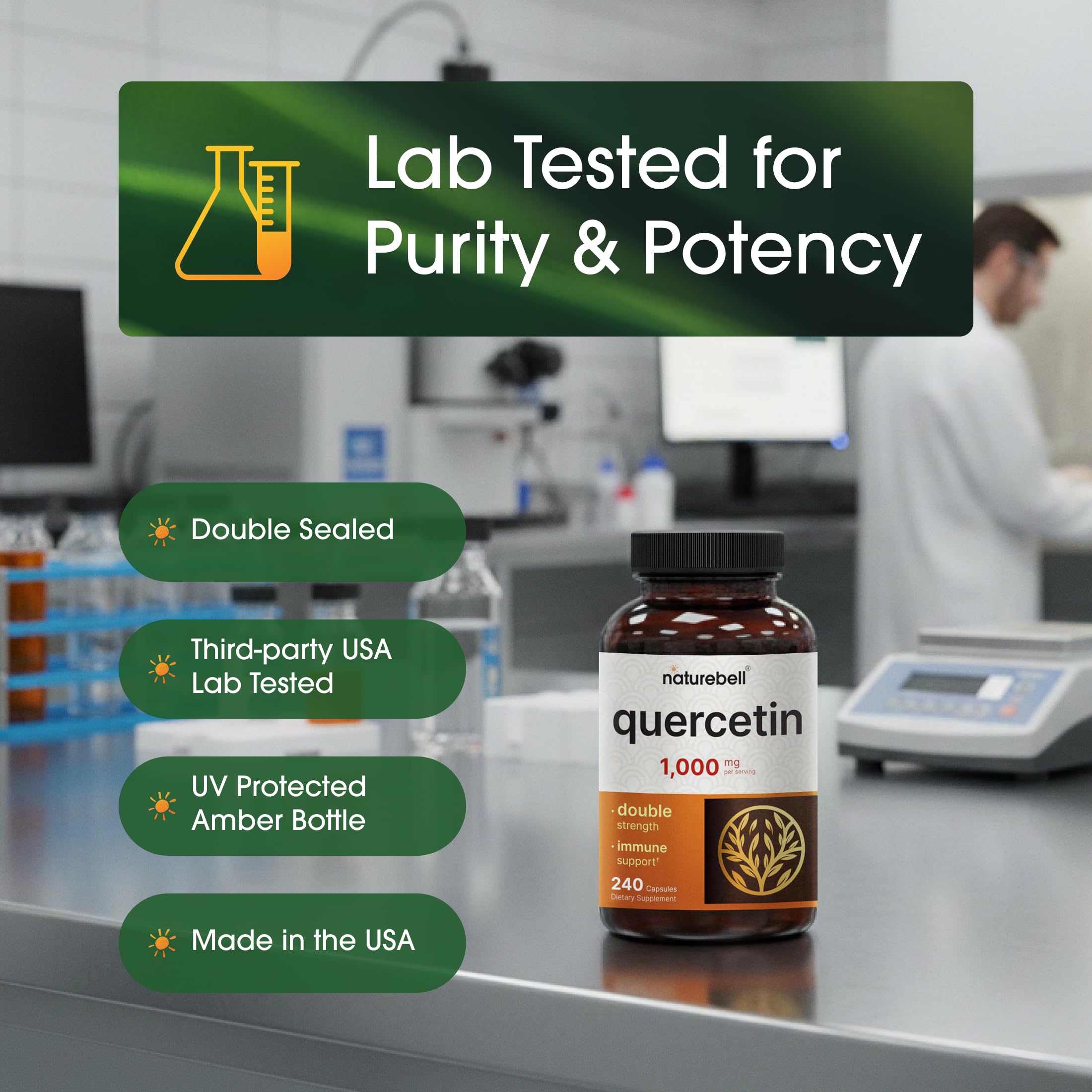 NatureBell Quercetin 1000mg 240 capsules on a wooden table