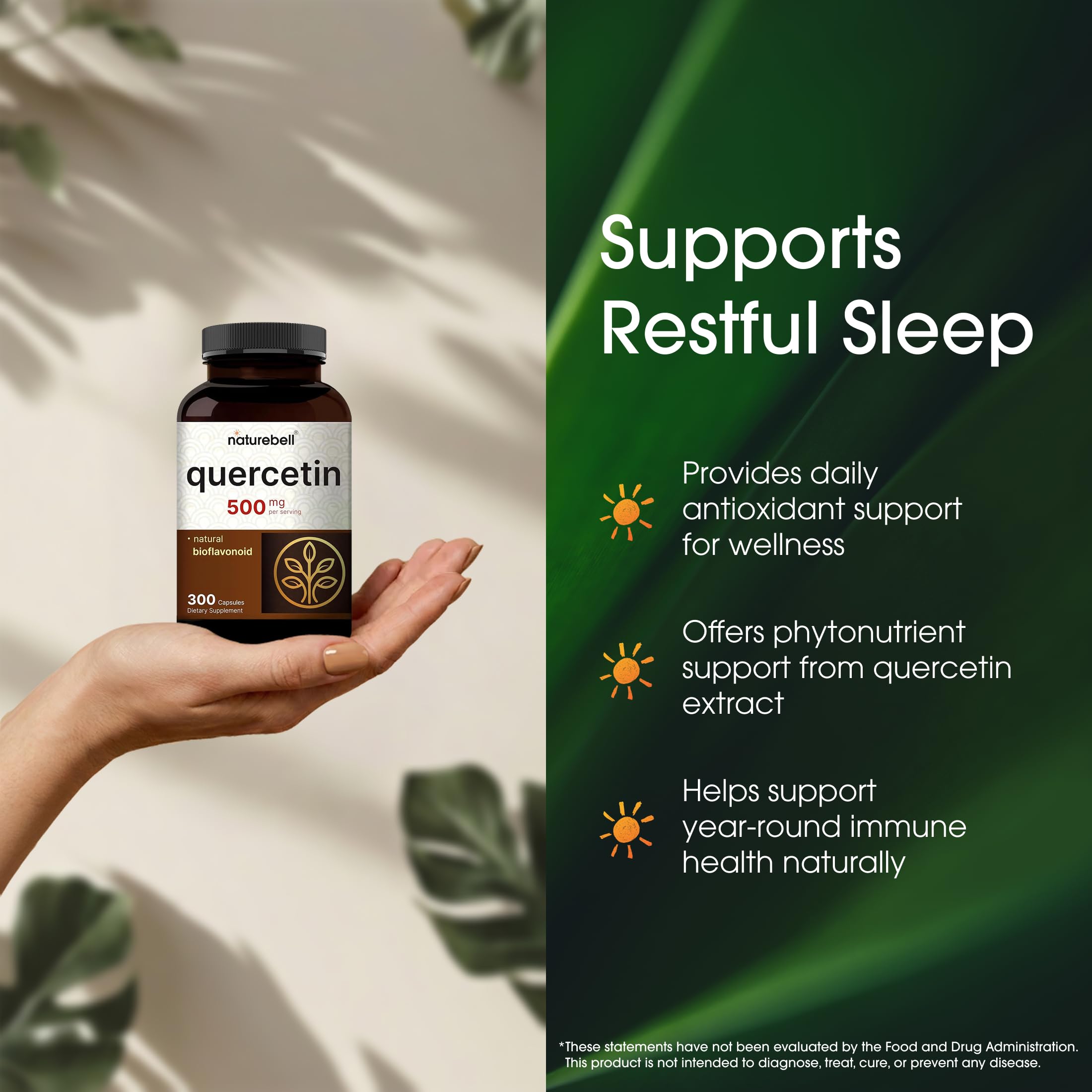 NatureBell Quercetin 500mg capsules on a wooden table