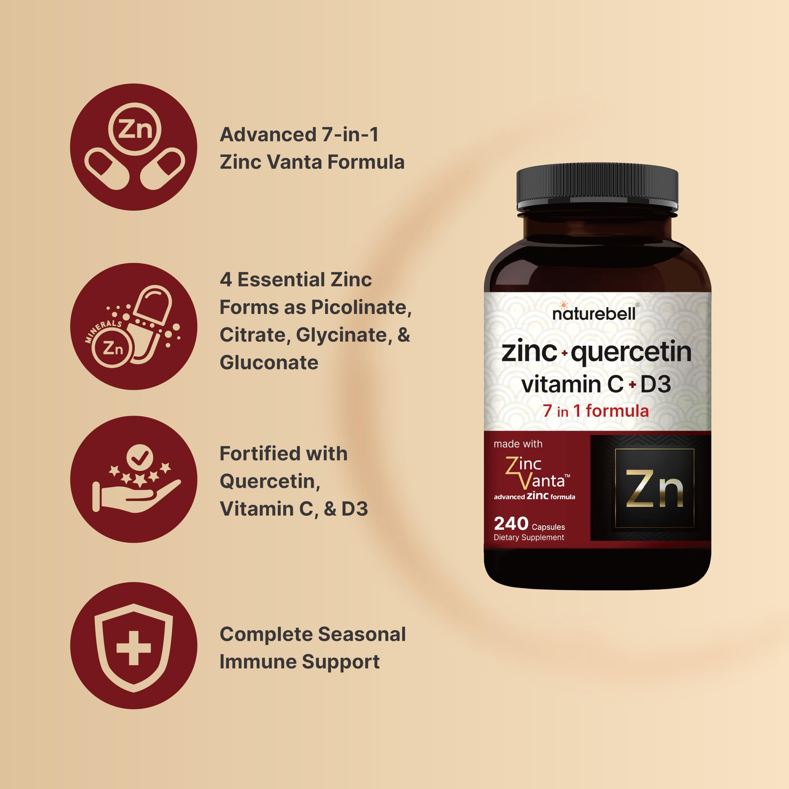 NatureBell Quercetin Zinc Vanta capsules on a table