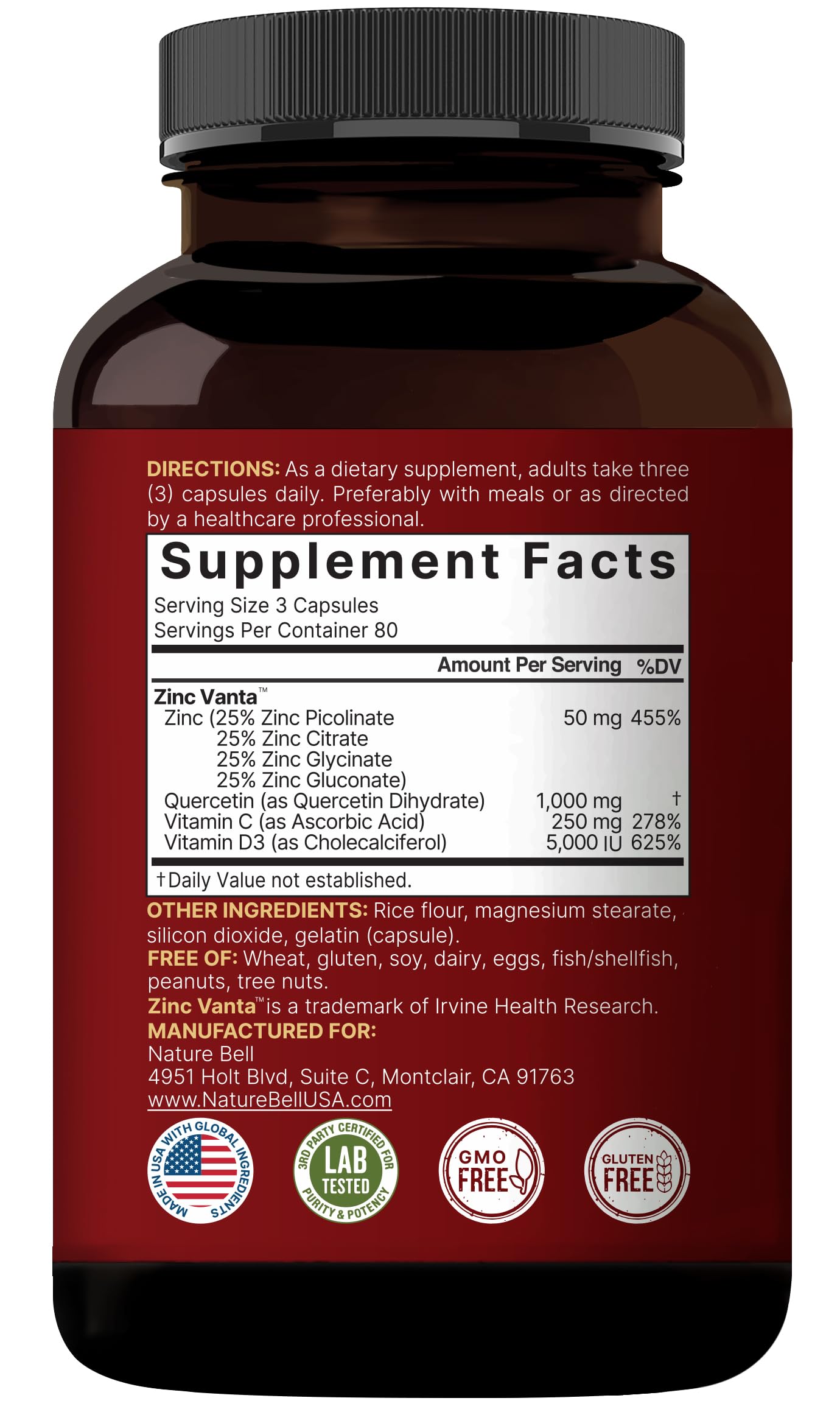 NatureBell Quercetin Zinc Vanta capsules with measuring spoon