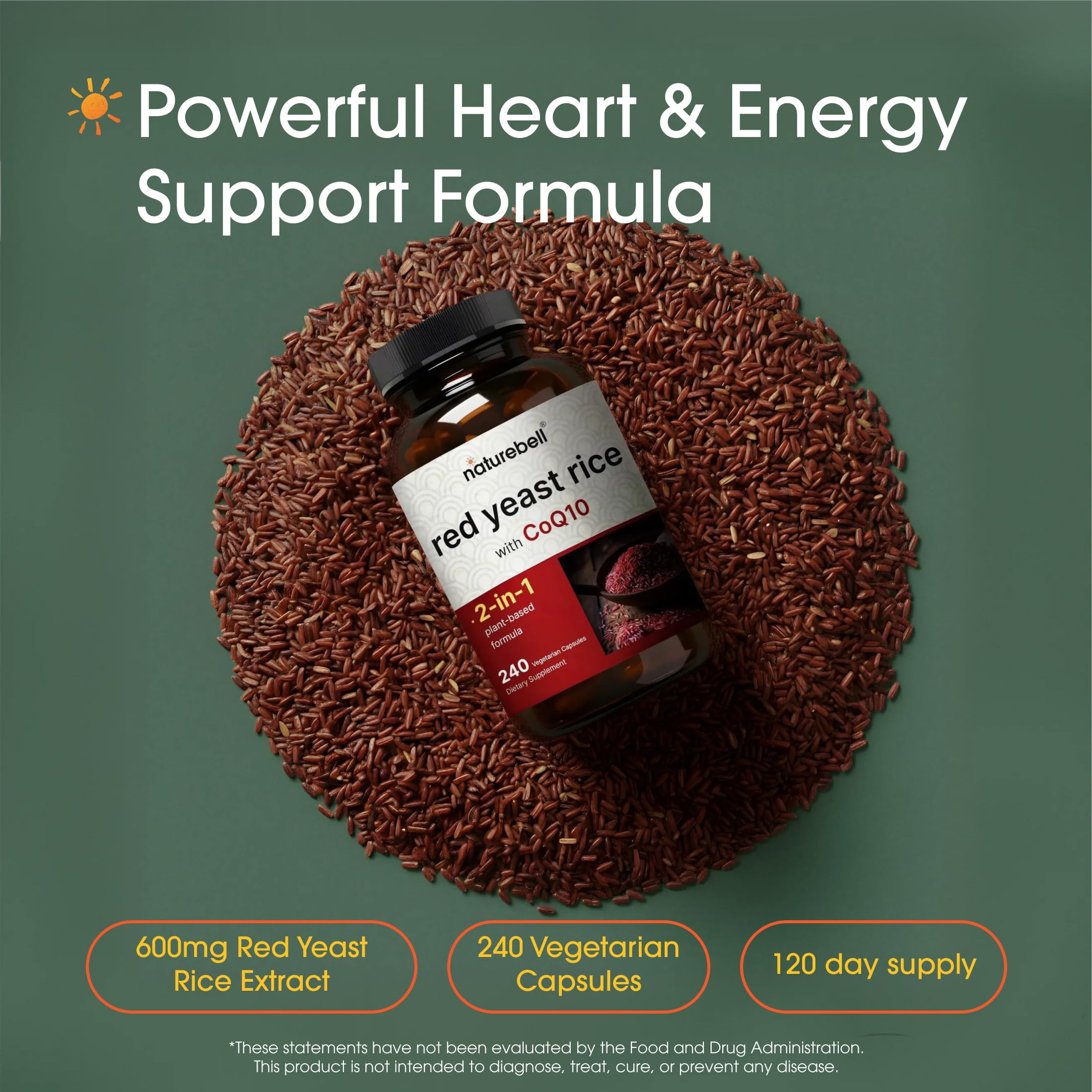 NatureBell Red Yeast Rice 600mg with CoQ10 capsule bottle side view