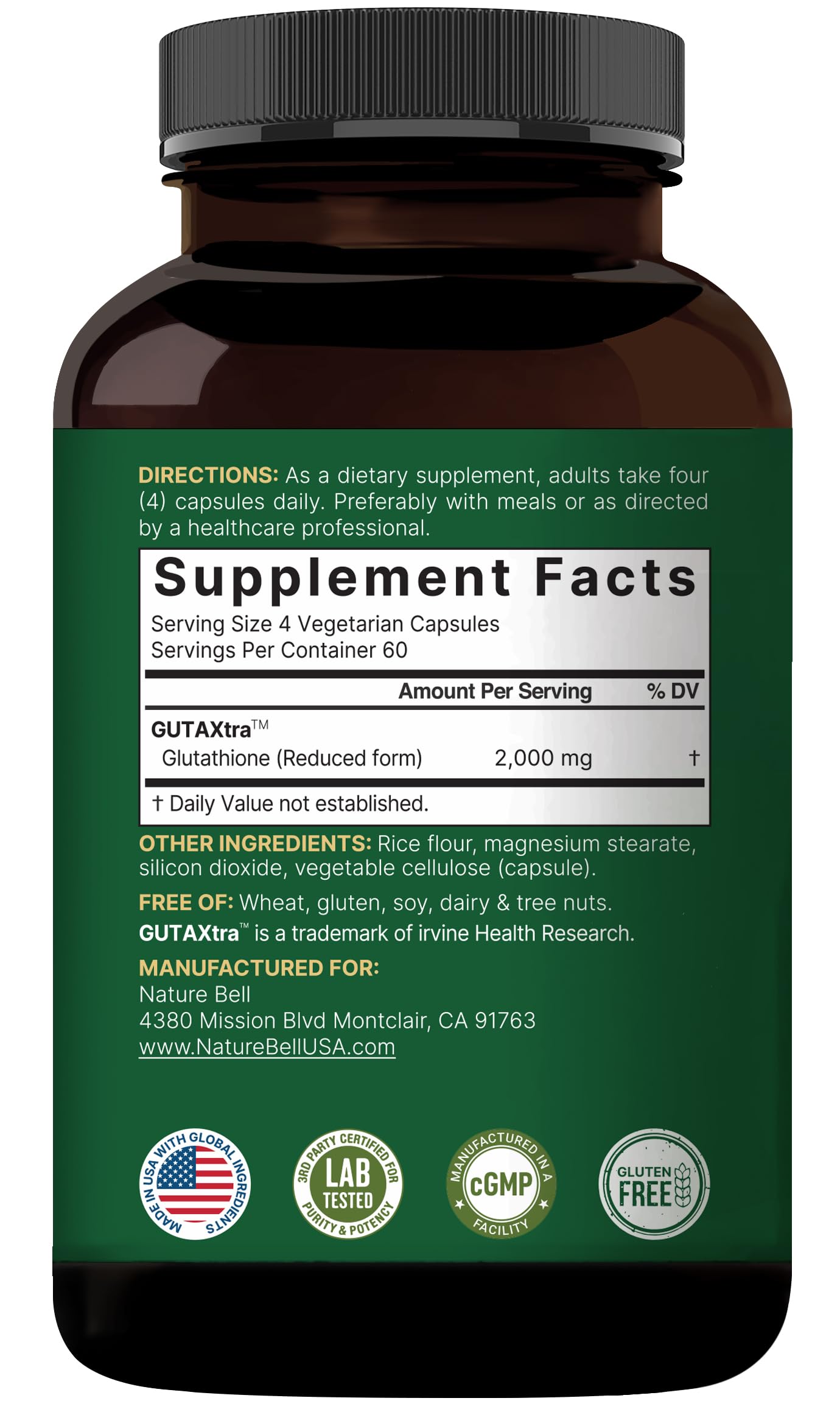 NatureBell Reduced Glutathione 240 veggie capsules back view