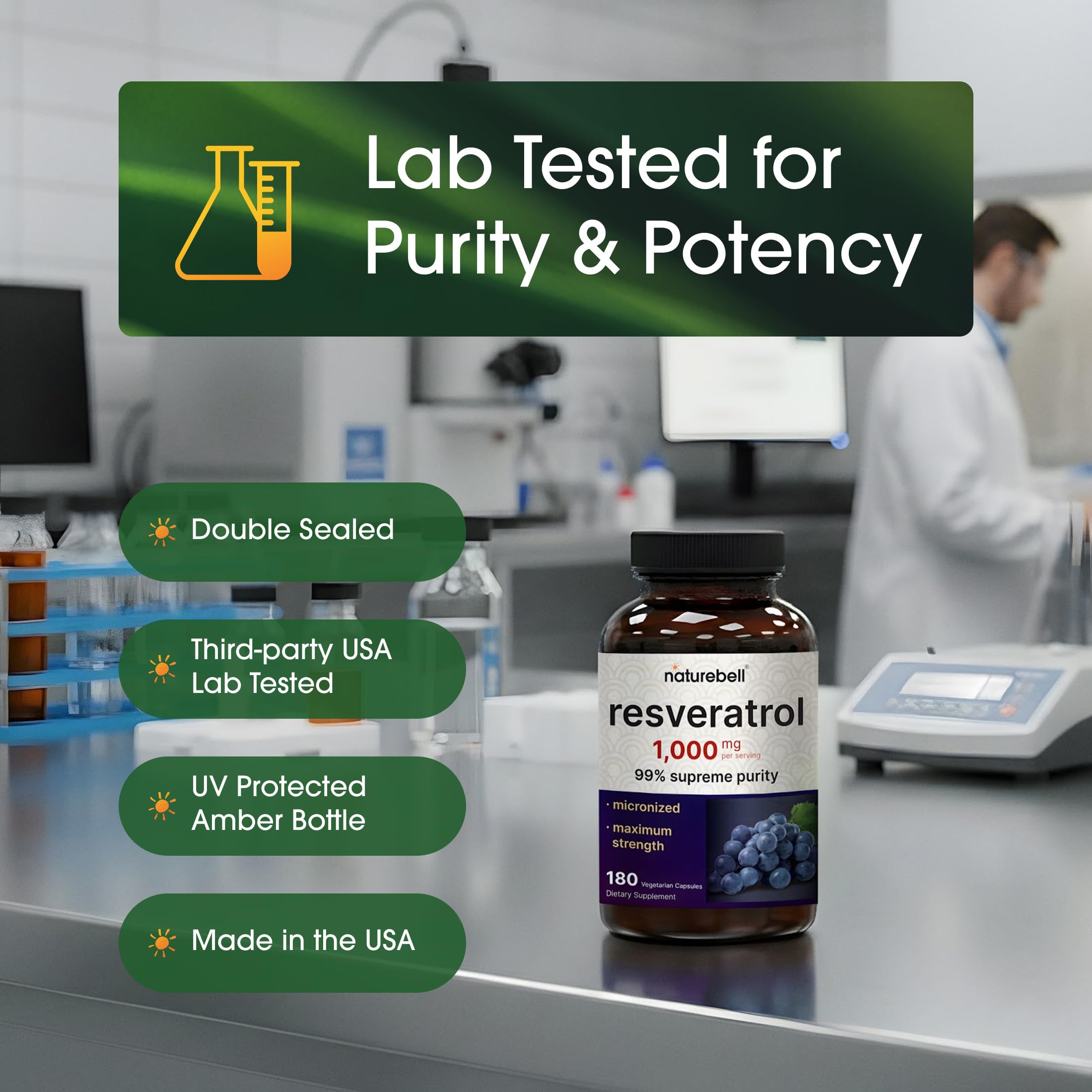 NatureBell Resveratrol 1000mg vegetarian capsules on a wooden table