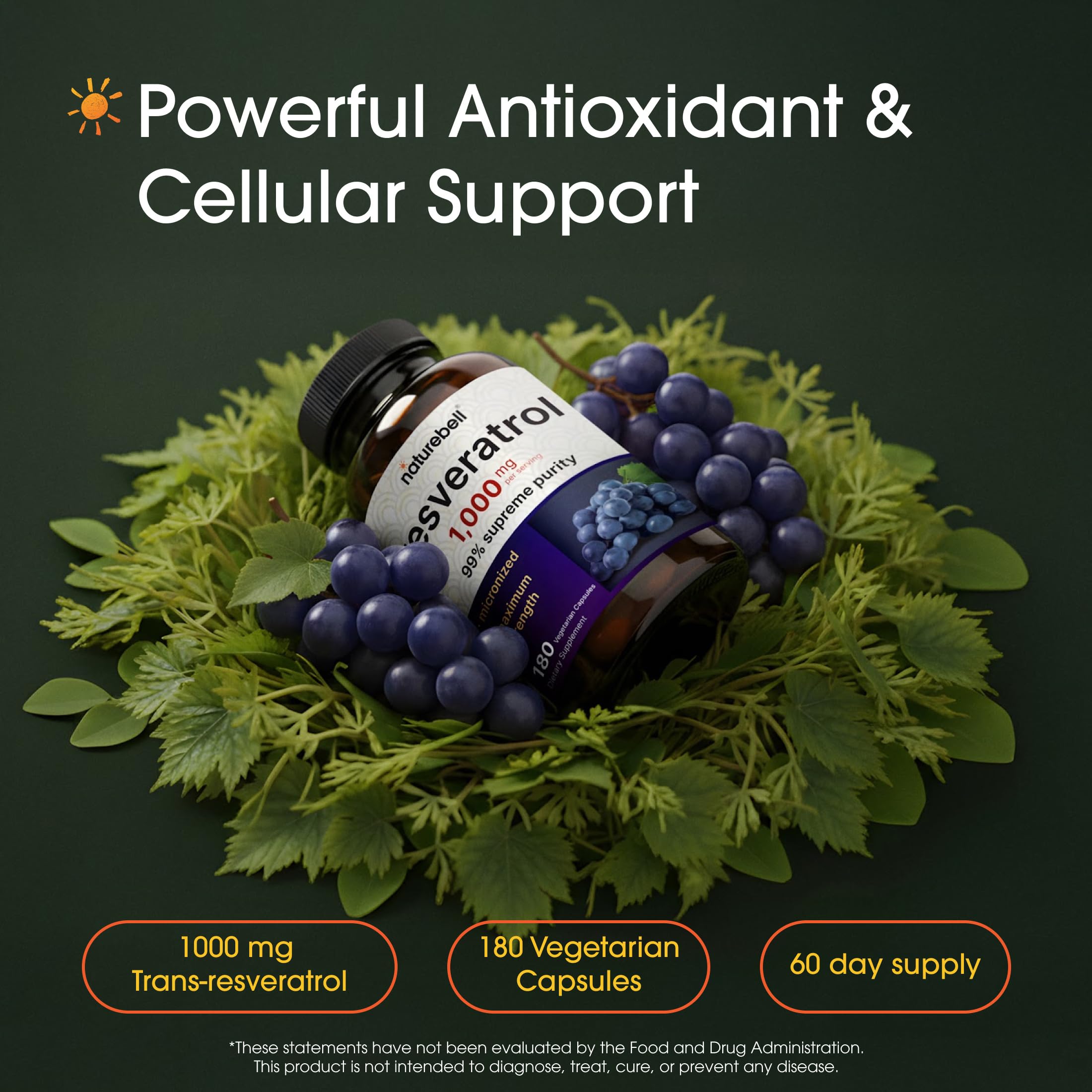 NatureBell Resveratrol 1000mg vegetarian capsules side view