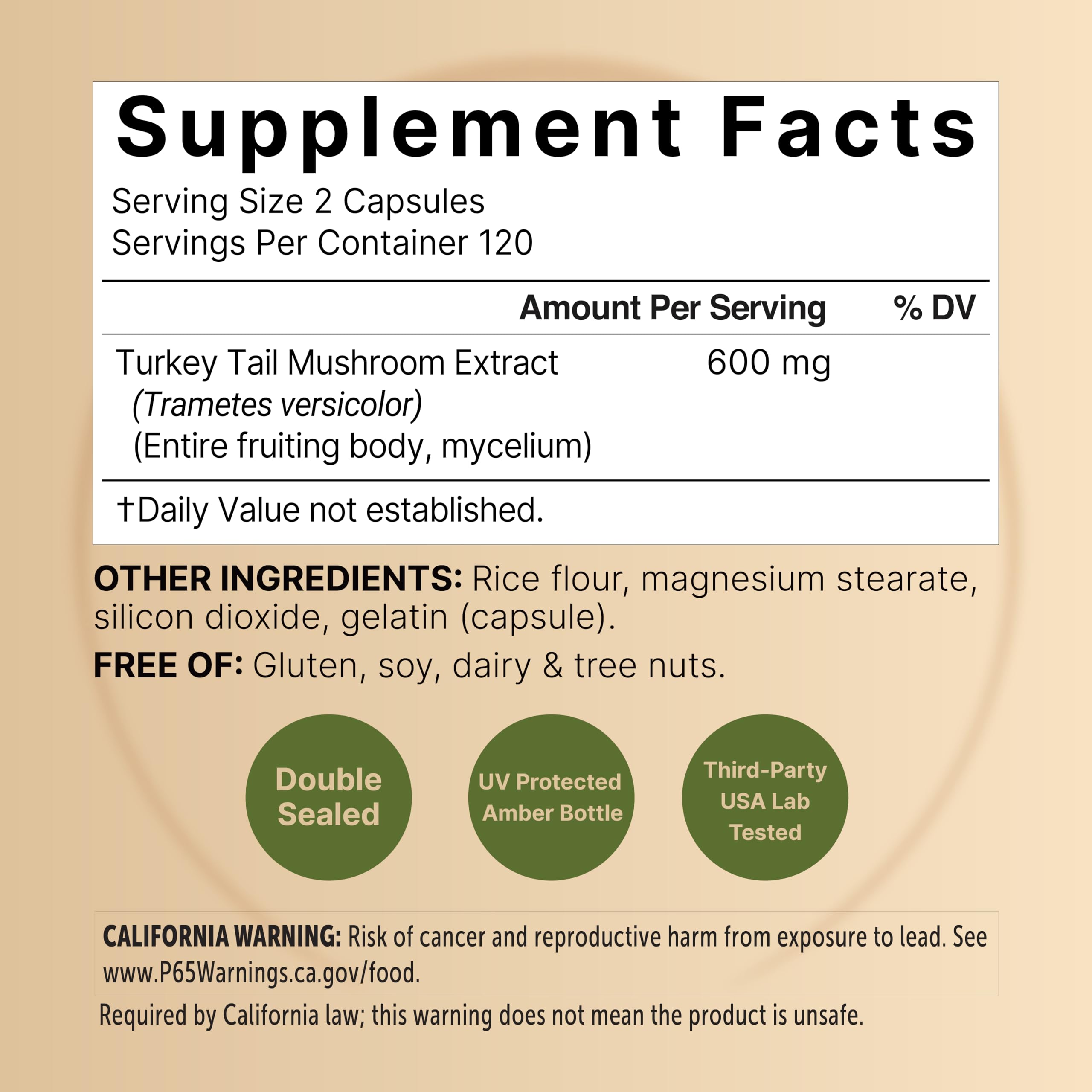 NatureBell Turkey Tail Mushroom Capsules bottle side view