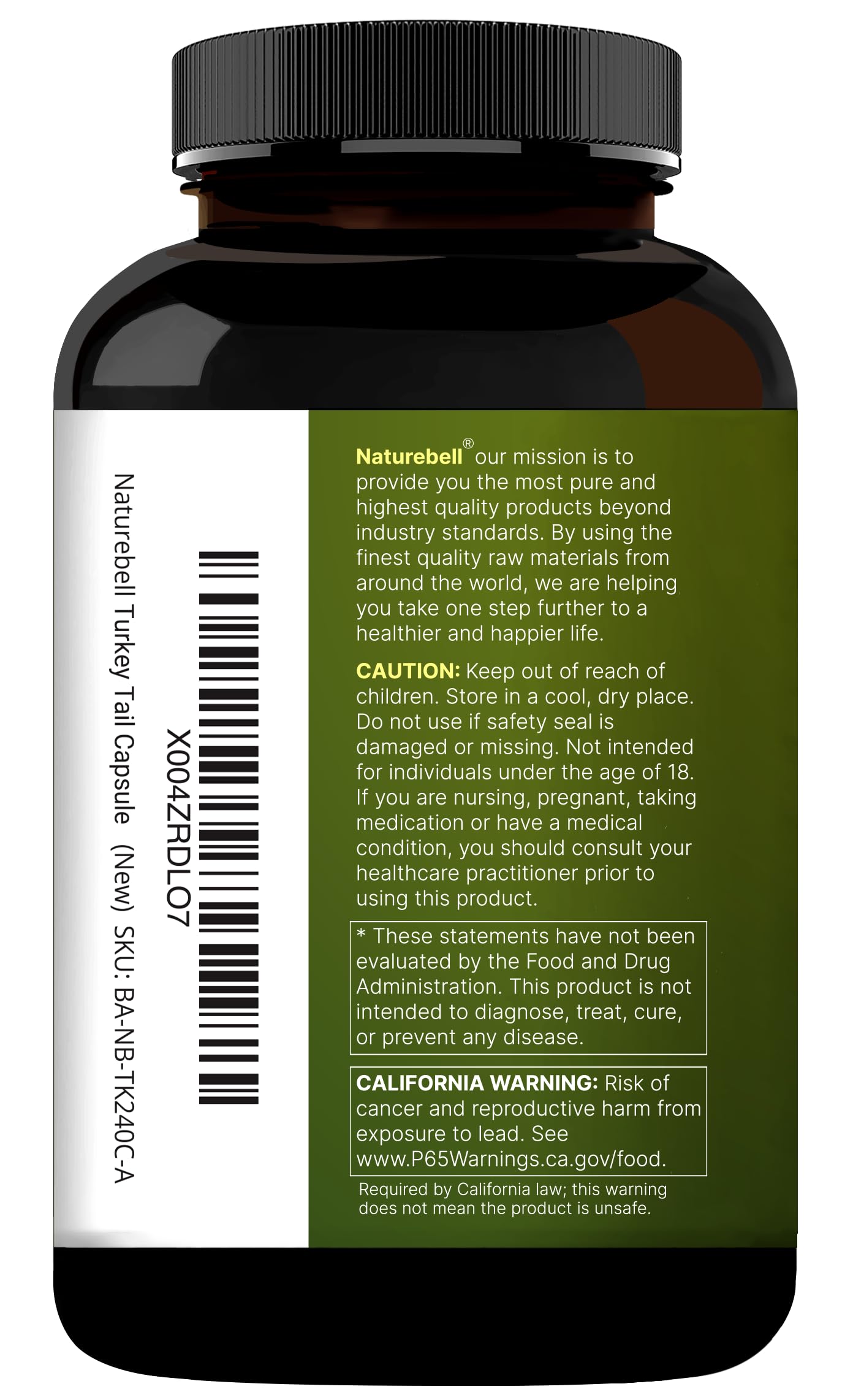 NatureBell Turkey Tail Mushroom Capsules packaging with nutritional information