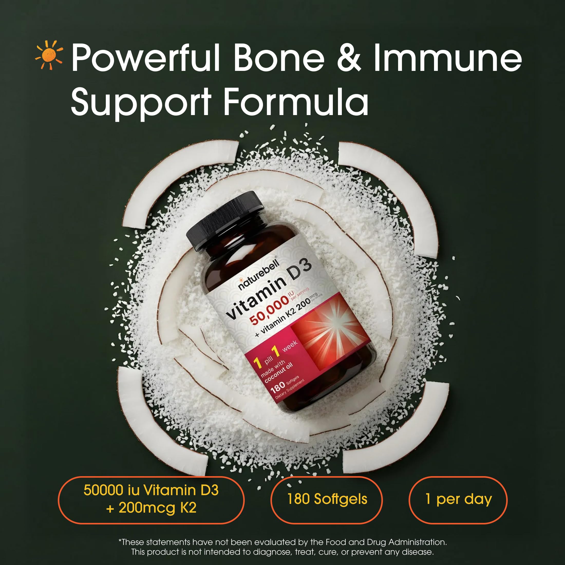 NatureBell Vitamin D3 & K2 Softgels 50,000 IU side view