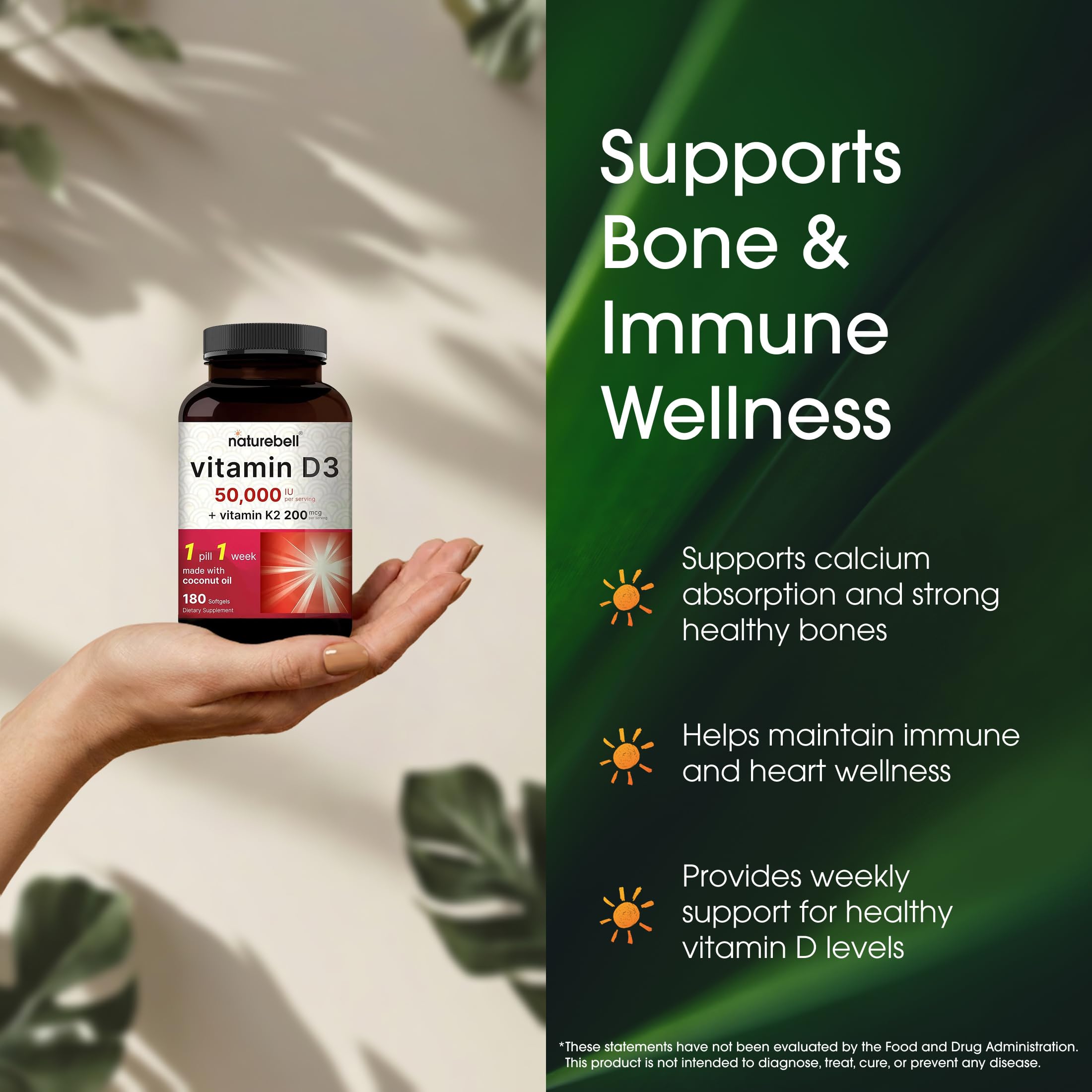 NatureBell Vitamin D3 & K2 Softgels 50,000 IU softgel close-up