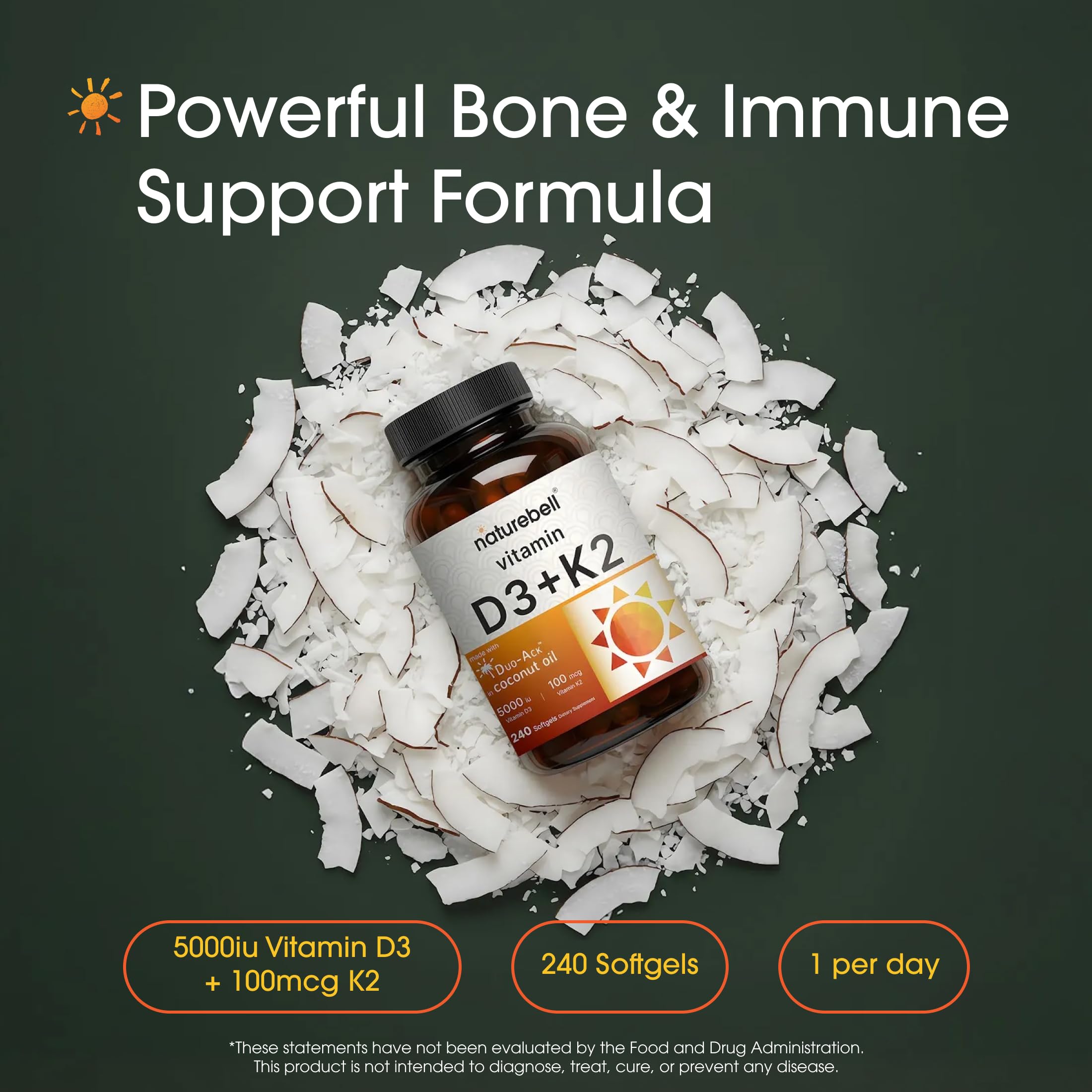 NatureBell Vitamin D3 K2 Softgels 5000 IU side view