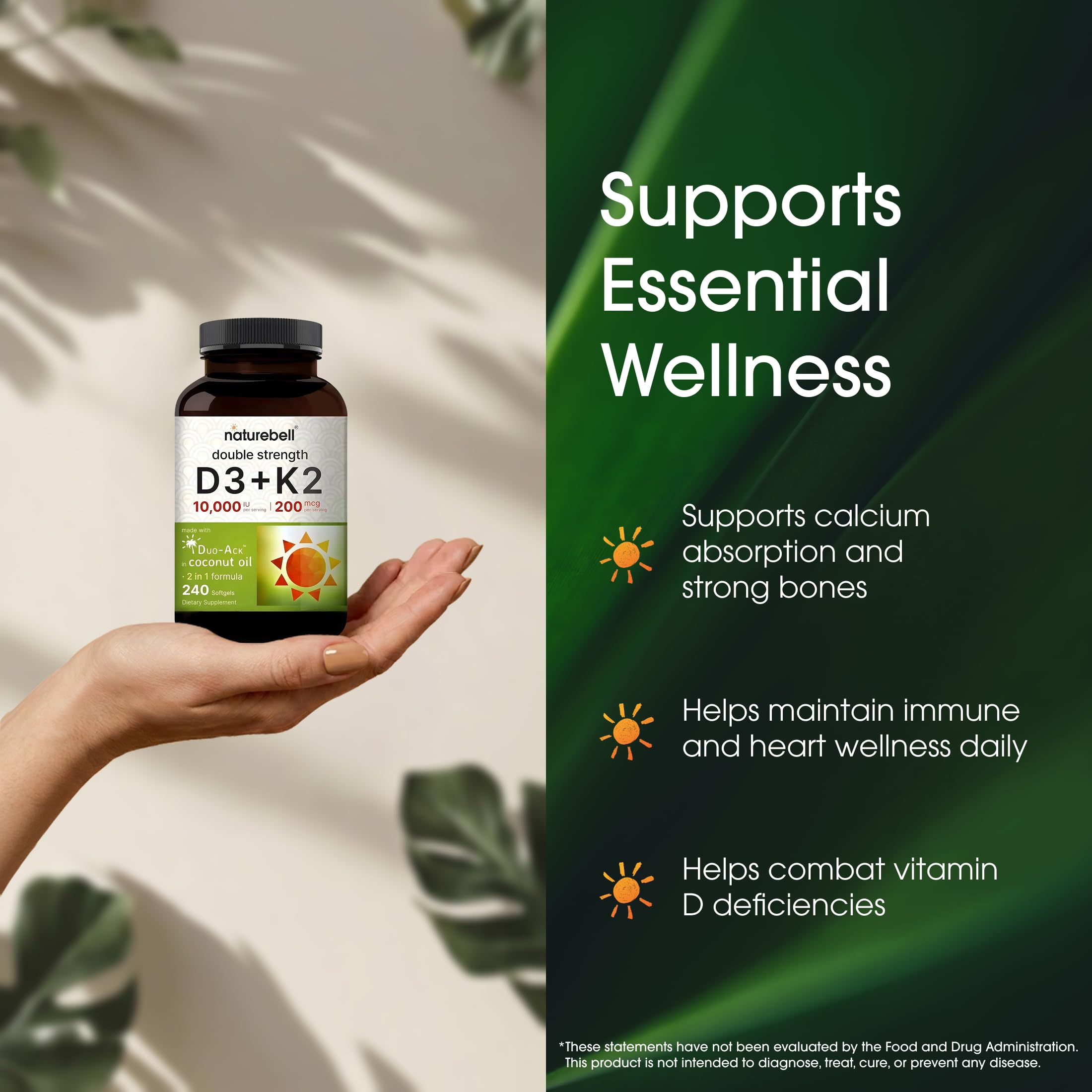 NatureBell Vitamin D3 + K2 Softgels showing softgel