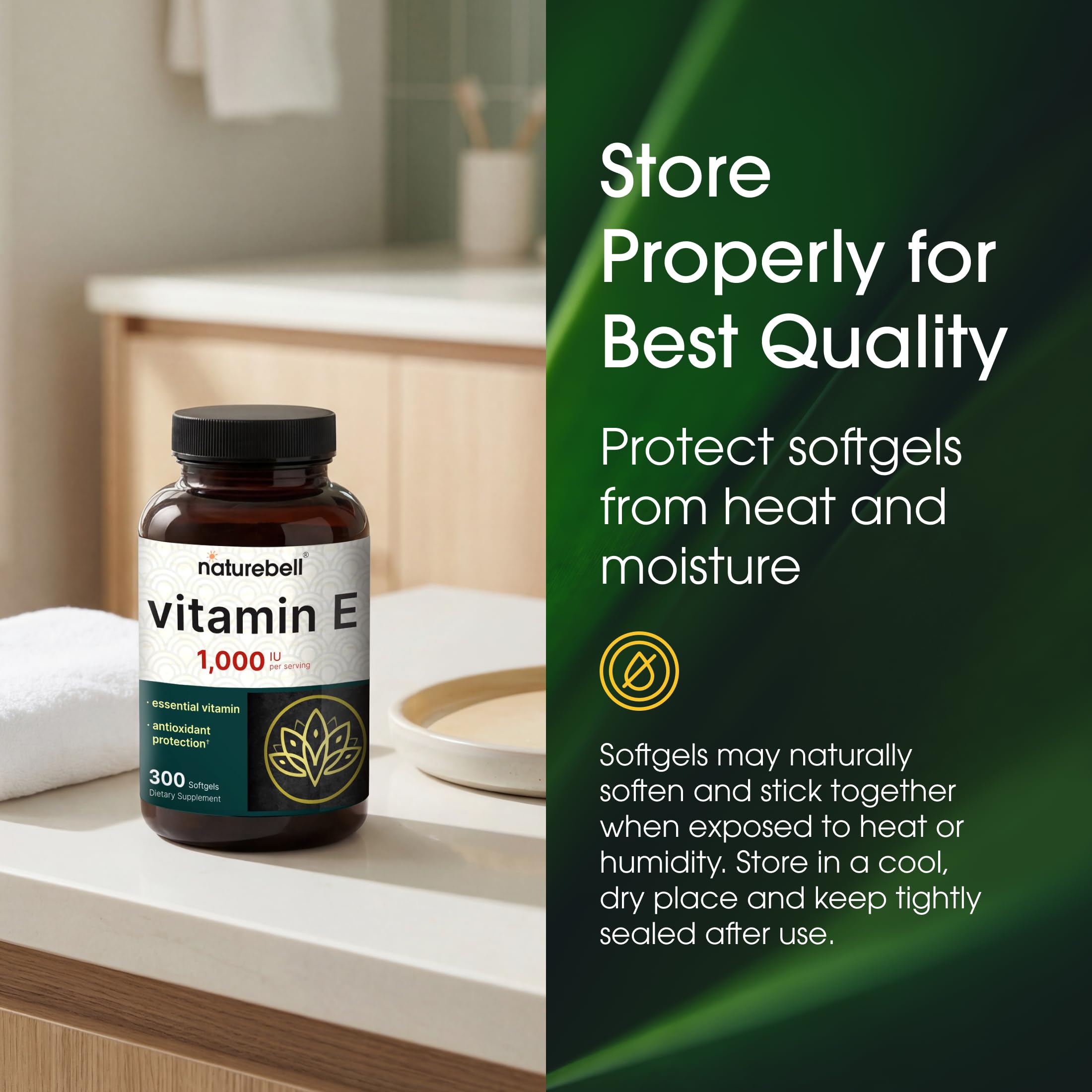 NatureBell Vitamin E 1000 IU softgels with a measuring spoon