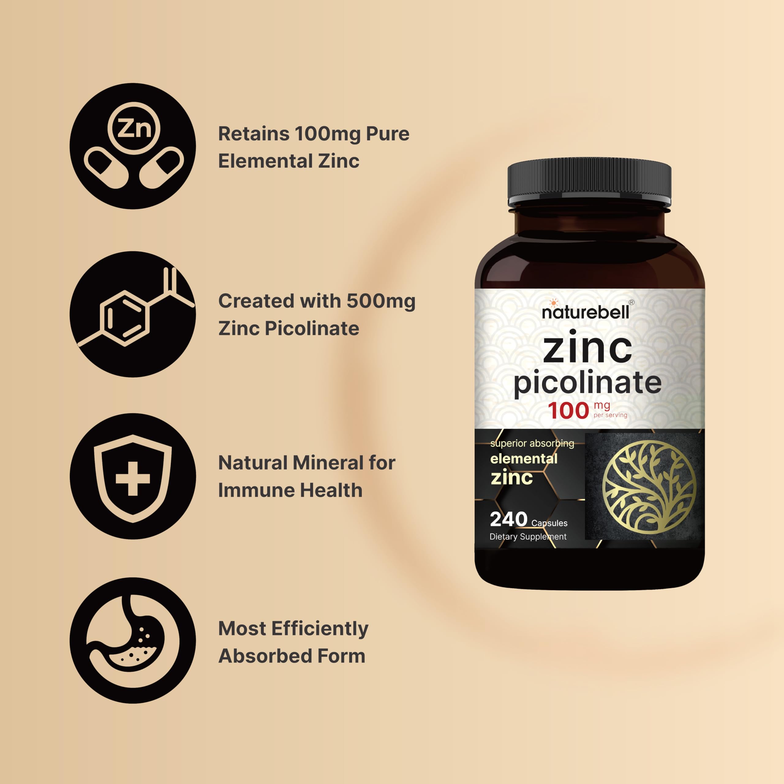 NatureBell Zinc Picolinate 100mg 240 capsules bottle with label