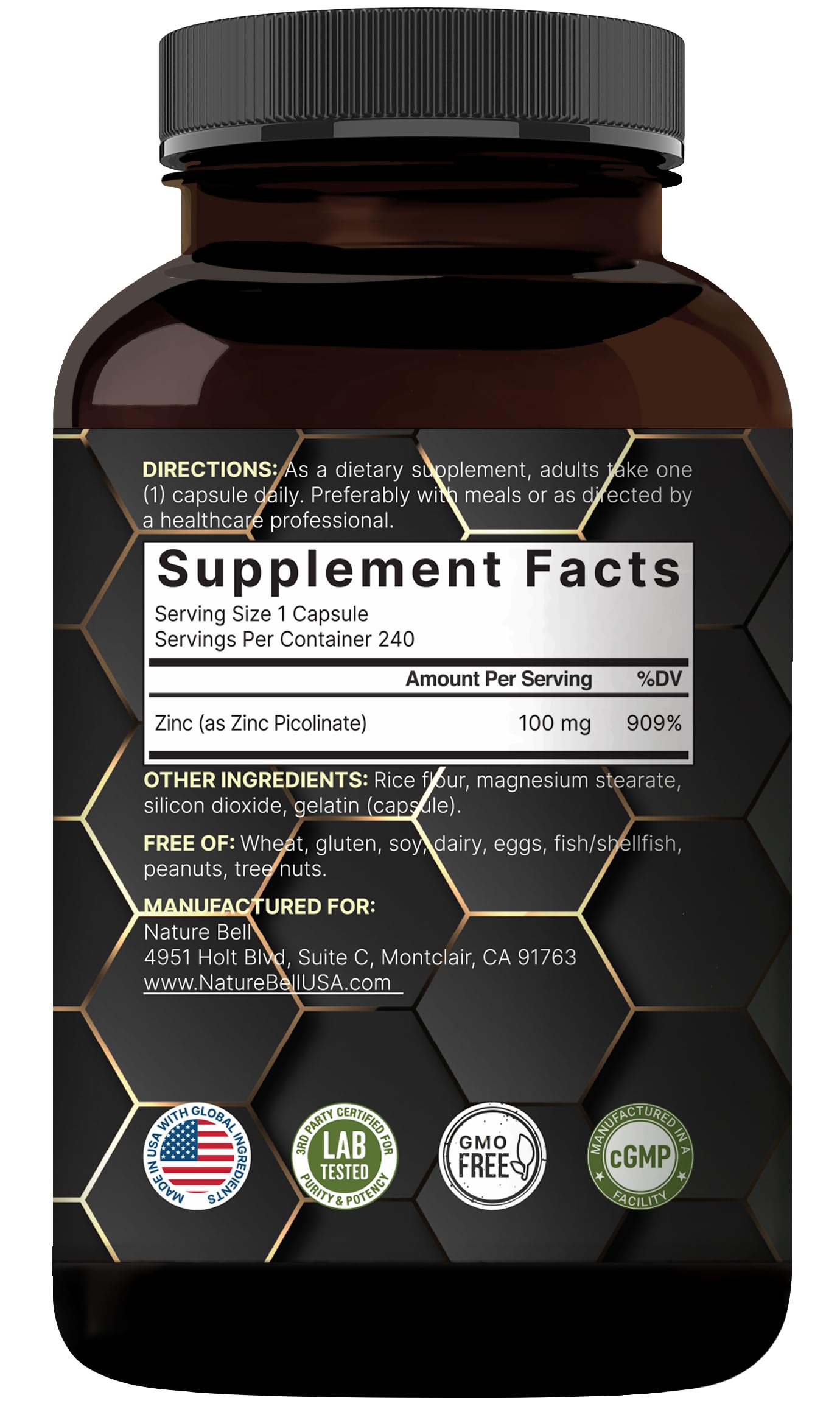NatureBell Zinc Picolinate Capsules 100mg on a wooden table