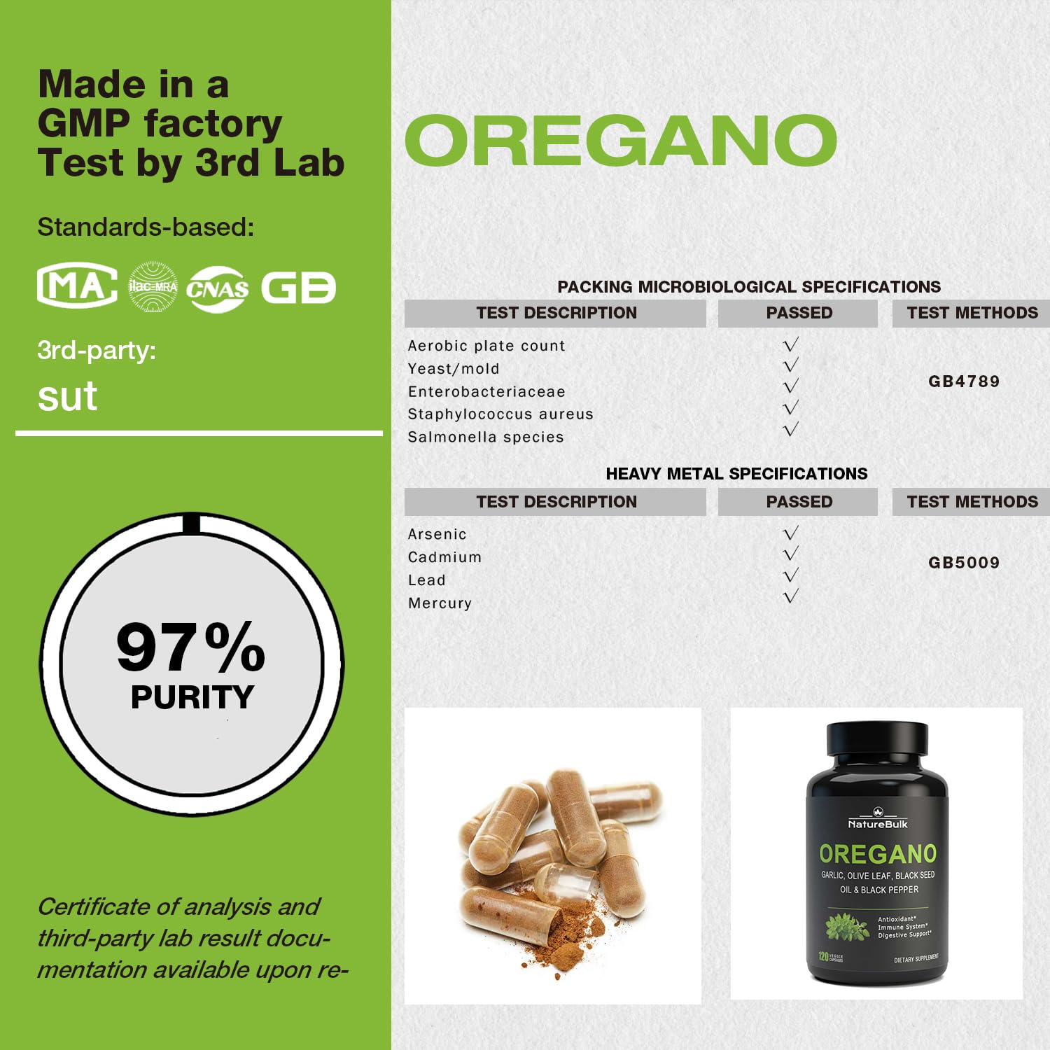 NATUREBULK Oregano Leaf Extract Capsules 600mg on a wooden table