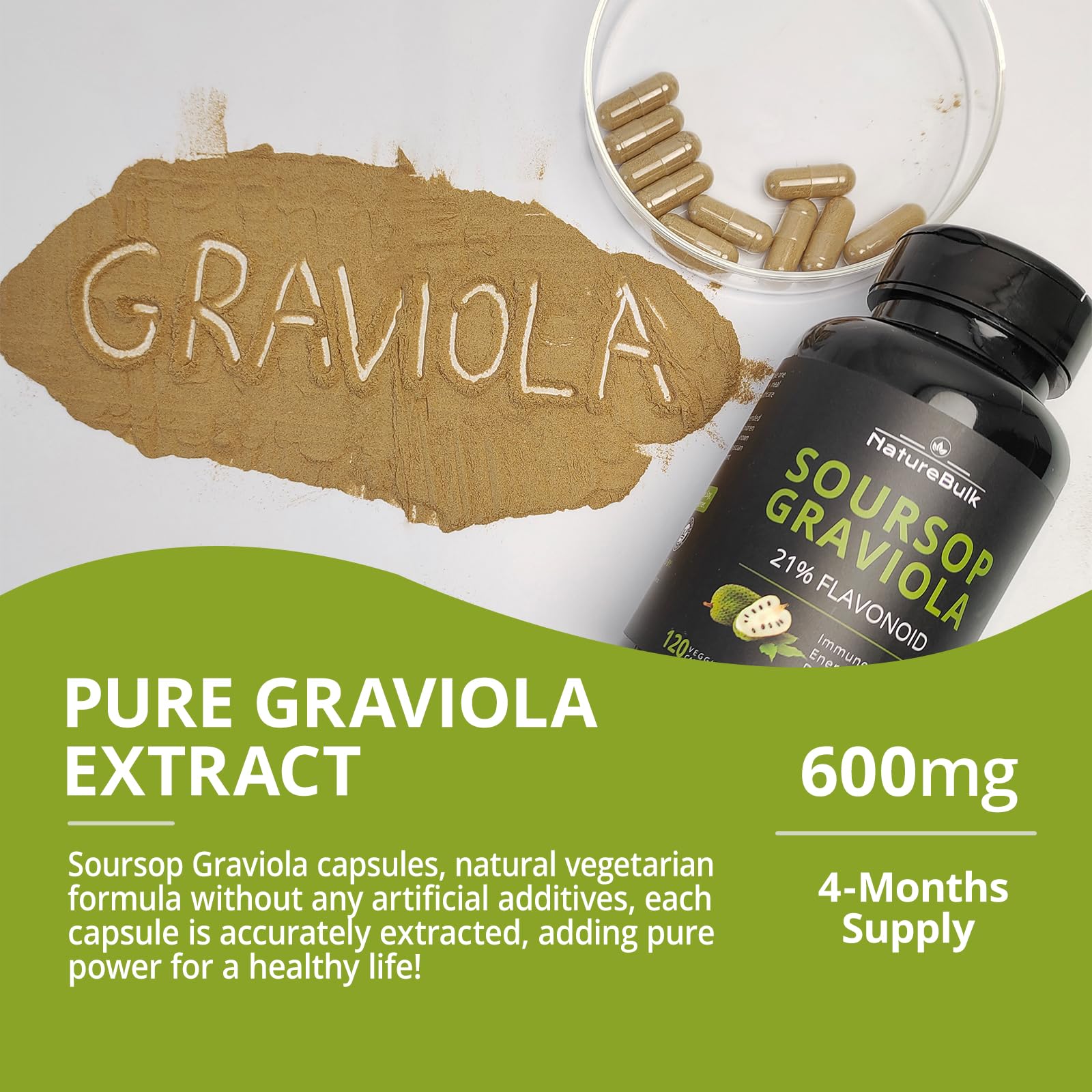 NATUREBULK Soursop Graviola Capsules on a wooden table