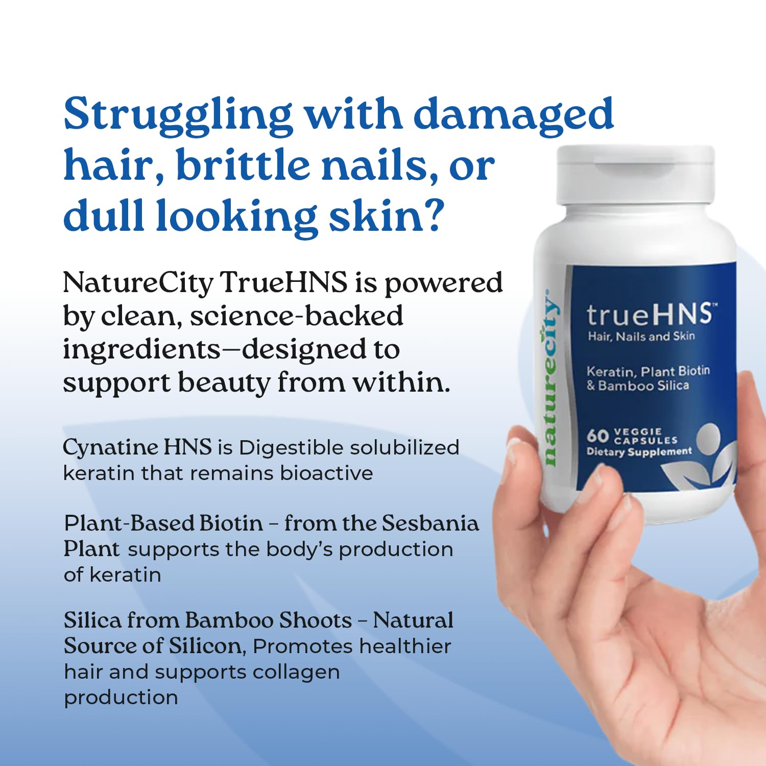 NatureCity TrueHNS Biotin Supplement 1000mcg on a wooden table