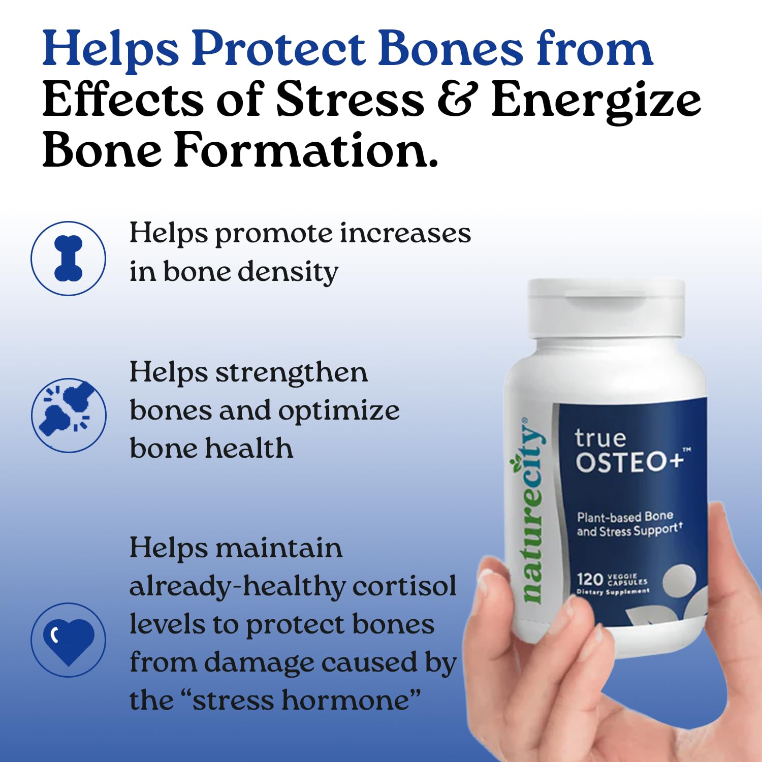 NatureCity TrueOsteo+ capsules in a hand